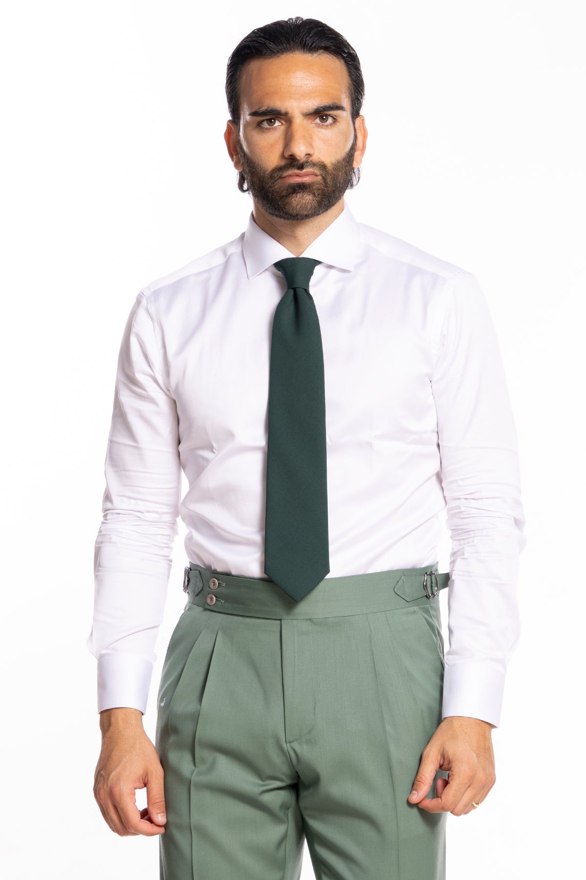 Cravatta uomo 9cm verde bottiglia fresco lana super 130's Bristol Tessuti Napoli