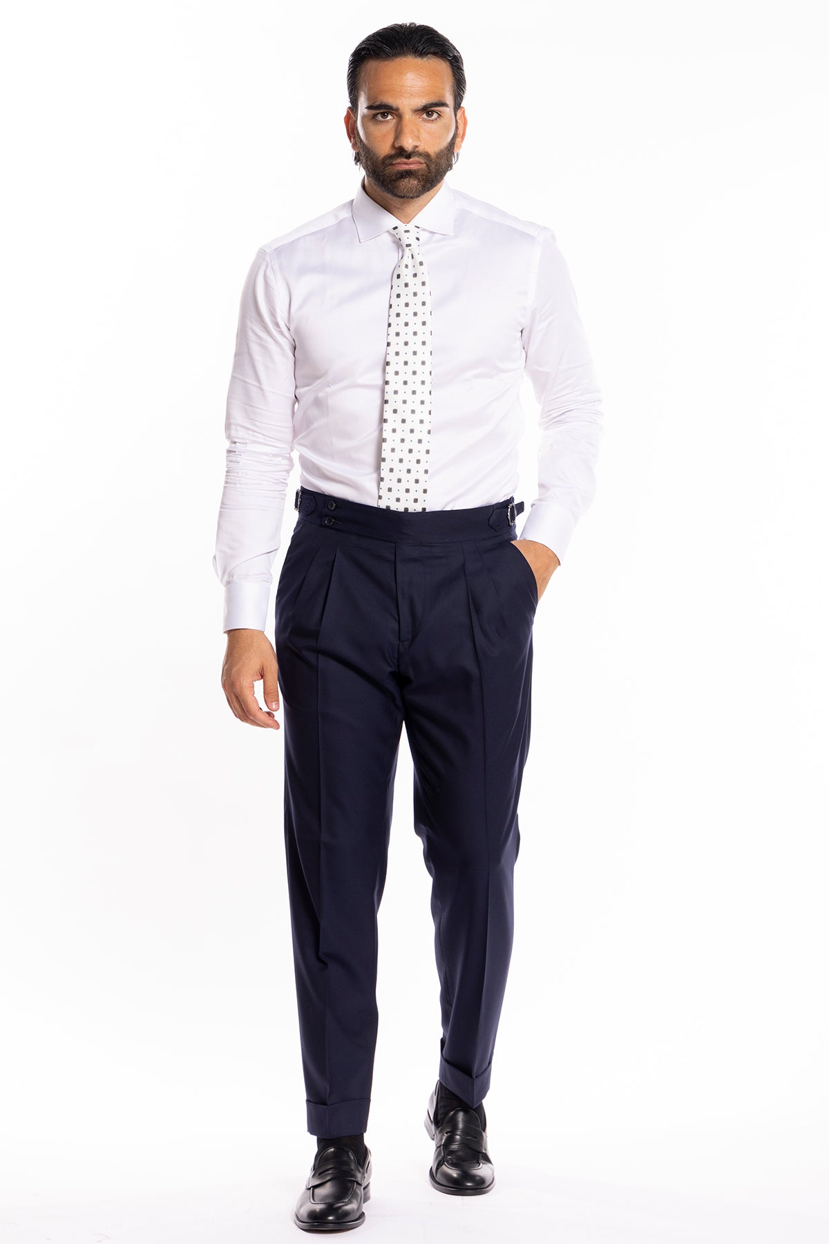 Pantalone uomo navy blu vita alta con fibbie laterali in fresco lana super 140's holland e sherry con risvolto di 5cm