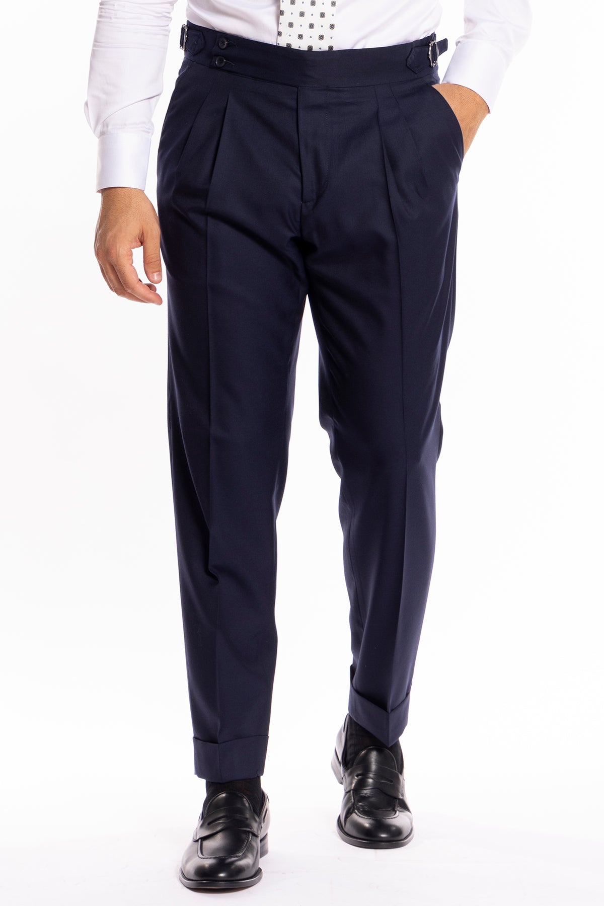 Pantalone uomo navy blu vita alta con fibbie laterali in fresco lana super 140's holland e sherry con risvolto di 5cm