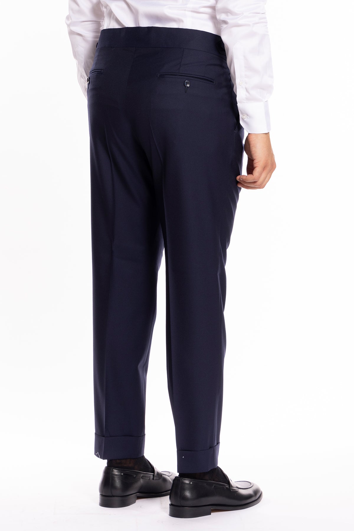 Pantalone uomo navy blu vita alta con fibbie laterali in fresco lana super 140's holland e sherry con risvolto di 5cm
