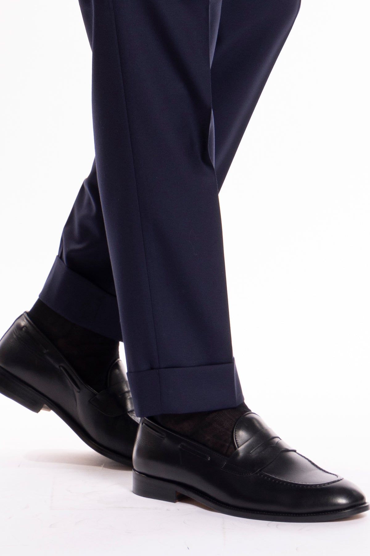 Pantalone uomo navy blu vita alta con fibbie laterali in fresco lana super 140's holland e sherry con risvolto di 5cm