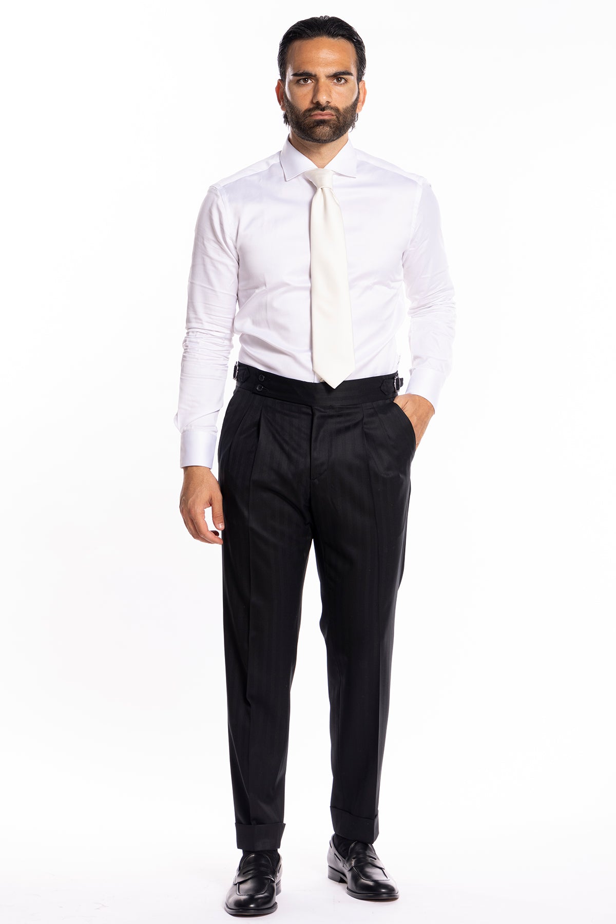 Pantalone uomo vita alta con fibbie laterali nero fantasia rigata tono su tono fresco lana super 140's Vitale Barberis Canonico risvolto 5cm