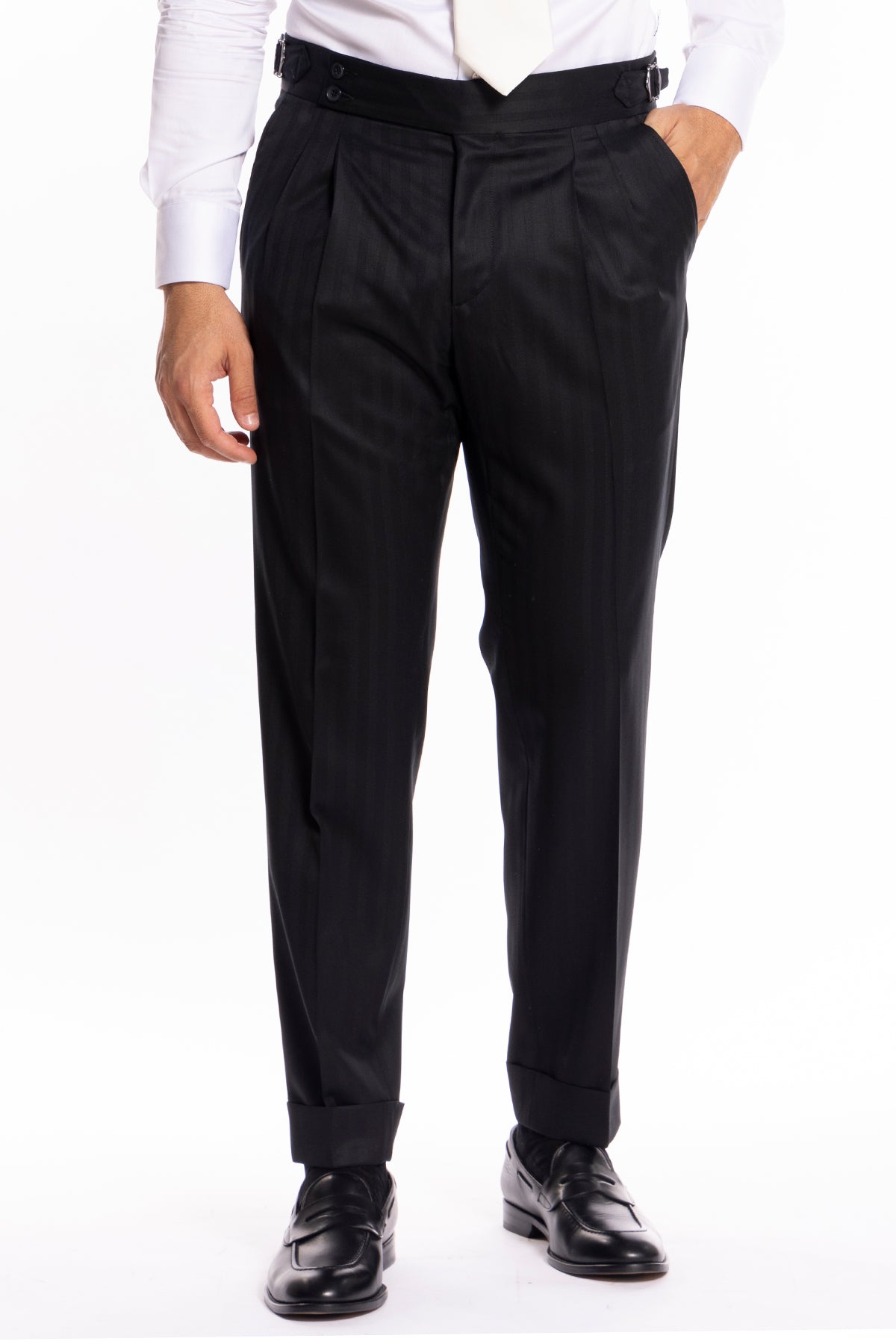 Pantalone uomo vita alta con fibbie laterali nero fantasia rigata tono su tono fresco lana super 140's Vitale Barberis Canonico risvolto 5cm