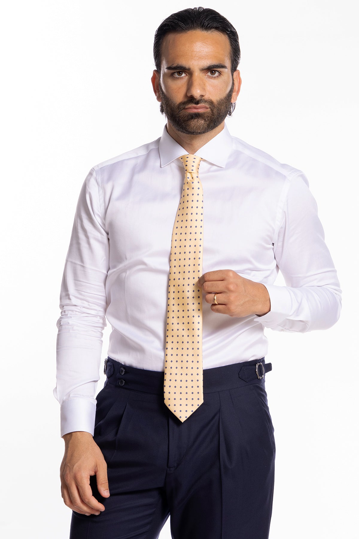 Cravatta uomo gialla fantasia fiori  9cm da cerimonia elegante pura seta cucita a mano
