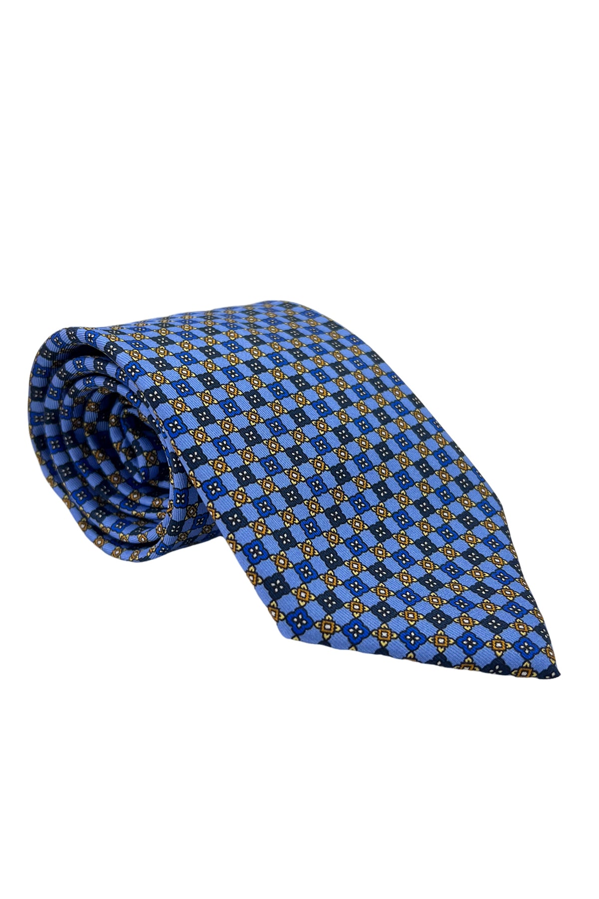 Cravatta uomo celeste fantasia fiori bluette 9cm da cerimonia elegante pura seta cucita a mano