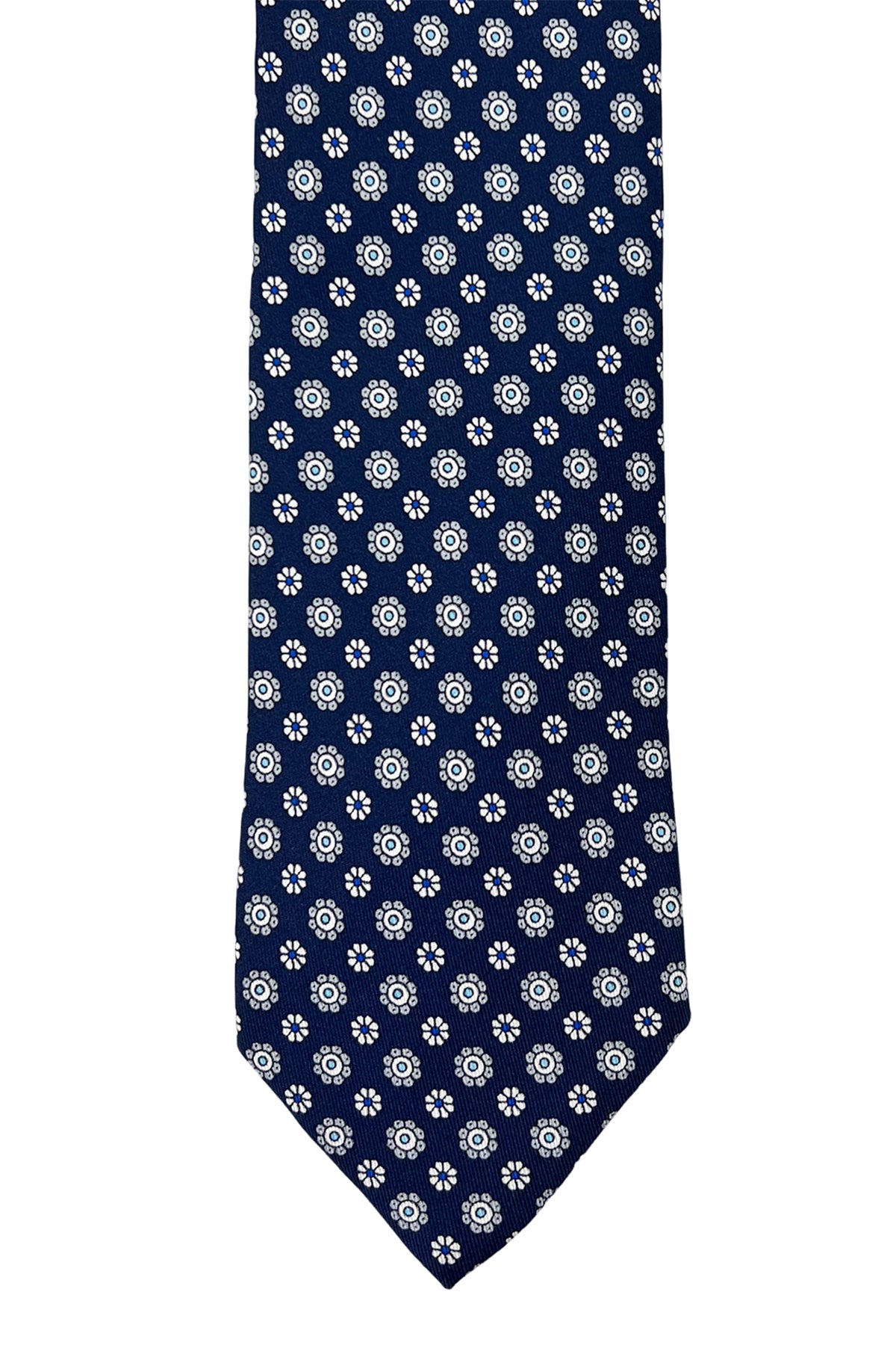 Cravatta uomo blu fantasia fiori bianchi 9cm da cerimonia elegante pura seta cucita a mano