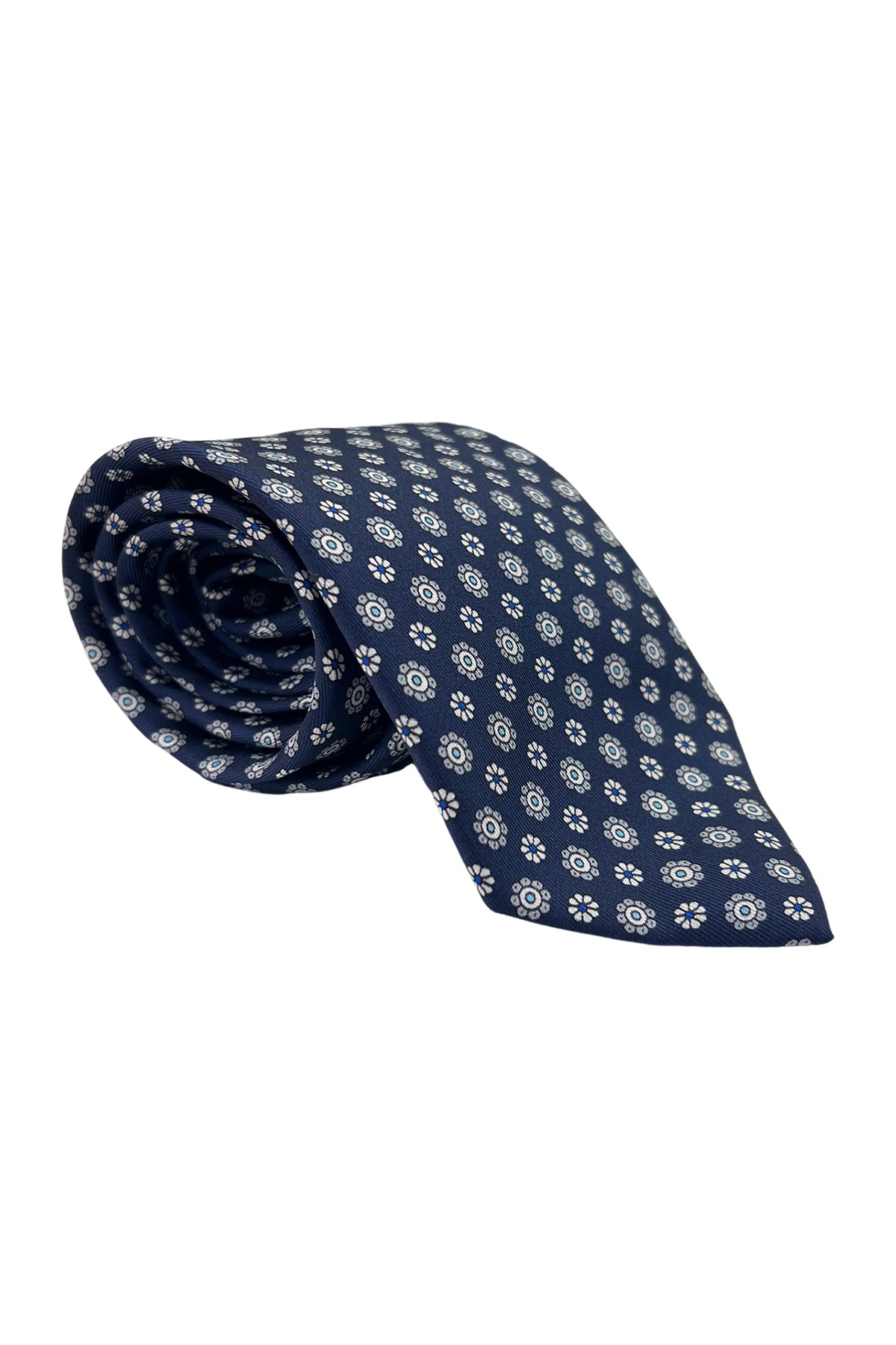 Cravatta uomo blu fantasia fiori bianchi 9cm da cerimonia elegante pura seta cucita a mano