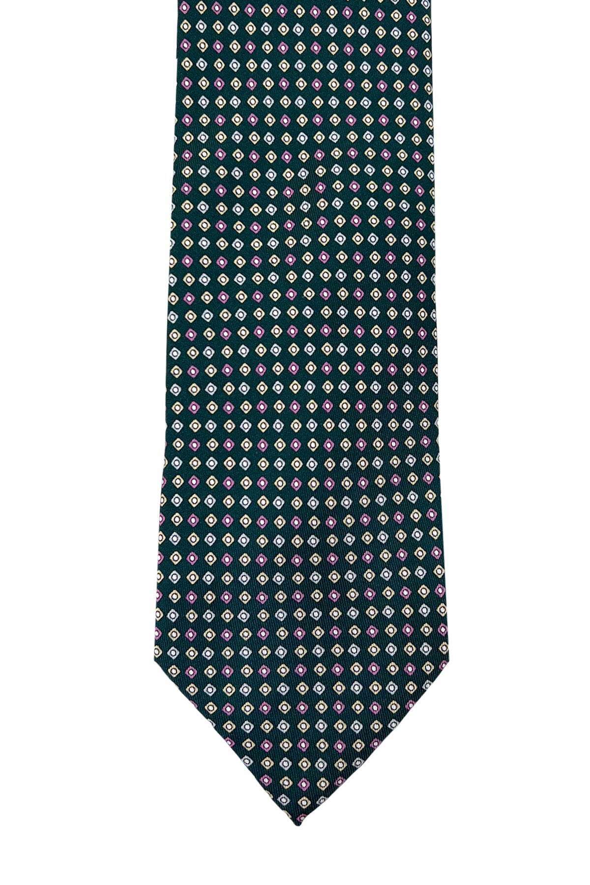 Cravatta uomo verde bottiglia fantasia gialla 9cm da cerimonia elegante pura seta cucita a mano
