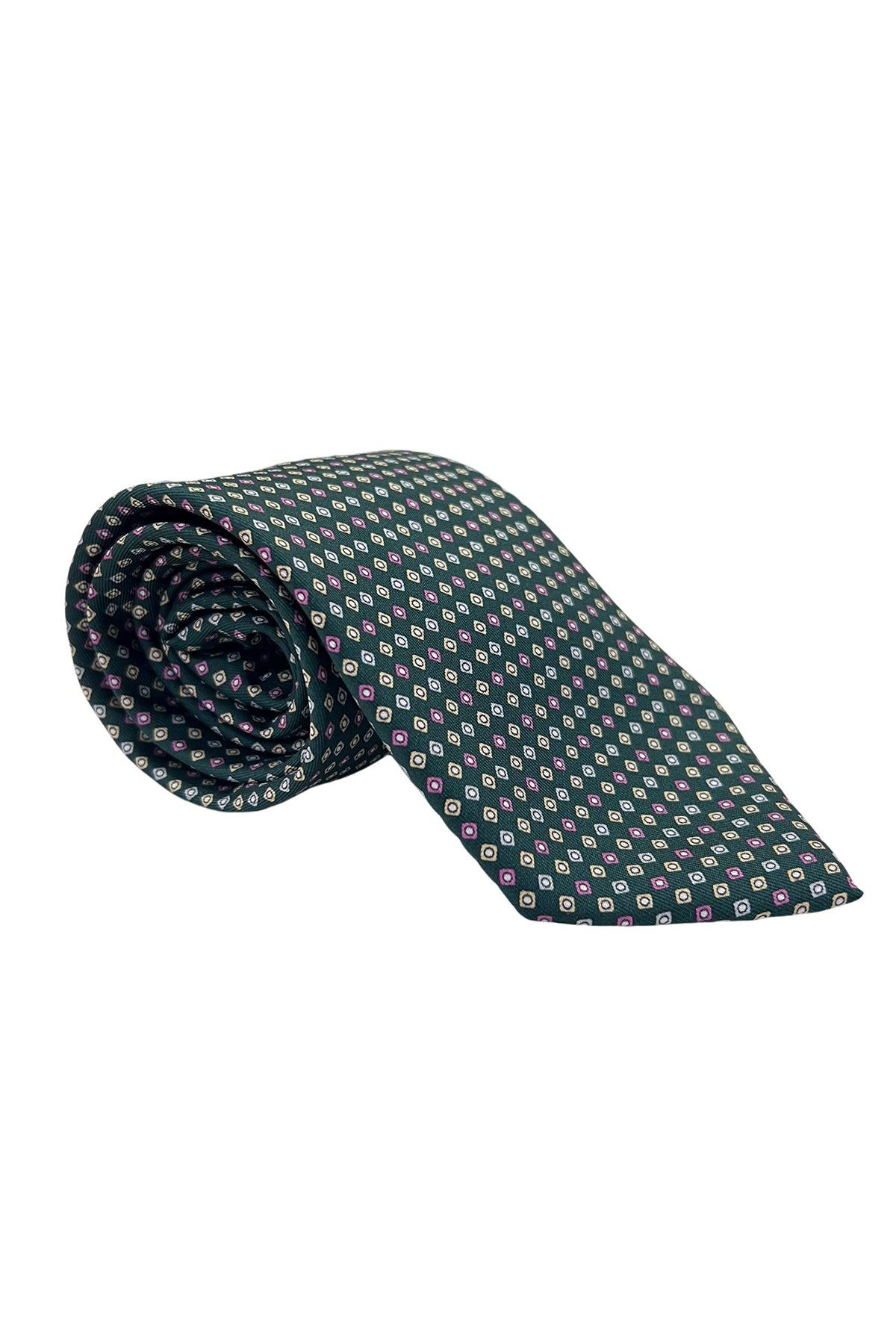 Cravatta uomo verde bottiglia fantasia gialla 9cm da cerimonia elegante pura seta cucita a mano