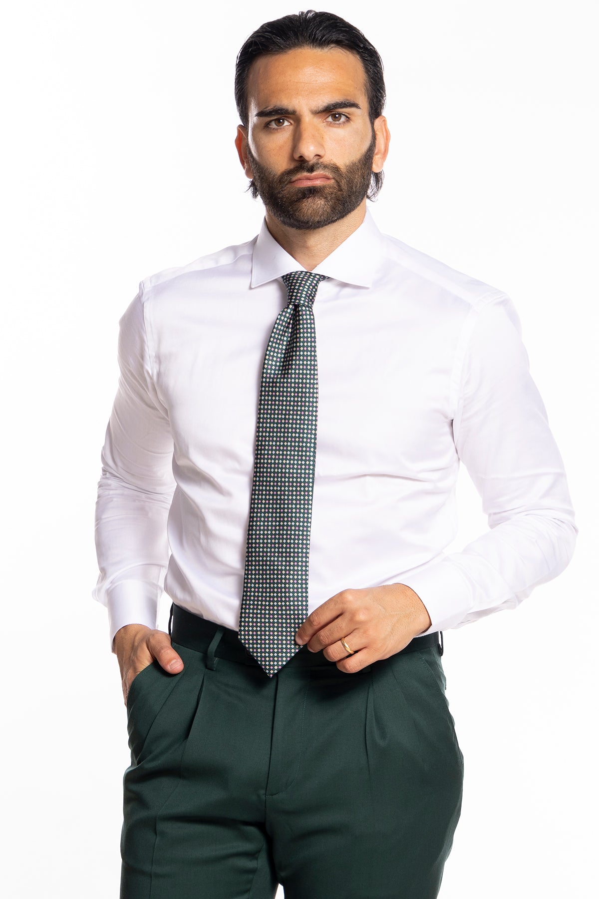 Cravatta uomo verde bottiglia fantasia gialla 9cm da cerimonia elegante pura seta cucita a mano