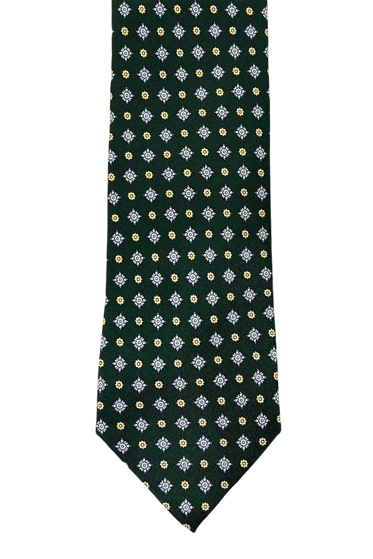 Cravatta uomo verde militare fantasia gialla 9cm da cerimonia elegante pura seta cucita a mano