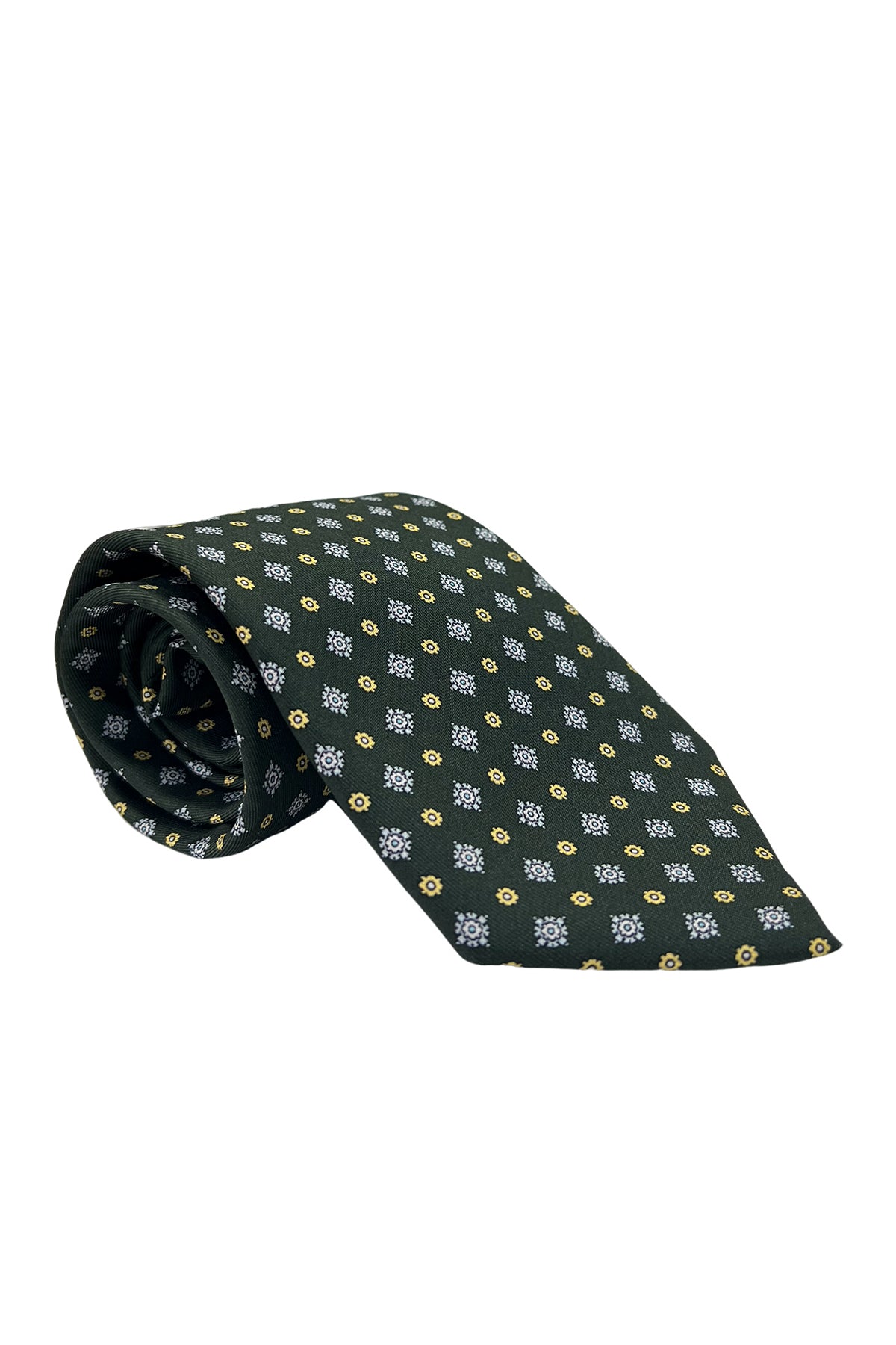 Cravatta uomo verde militare fantasia gialla 9cm da cerimonia elegante pura seta cucita a mano