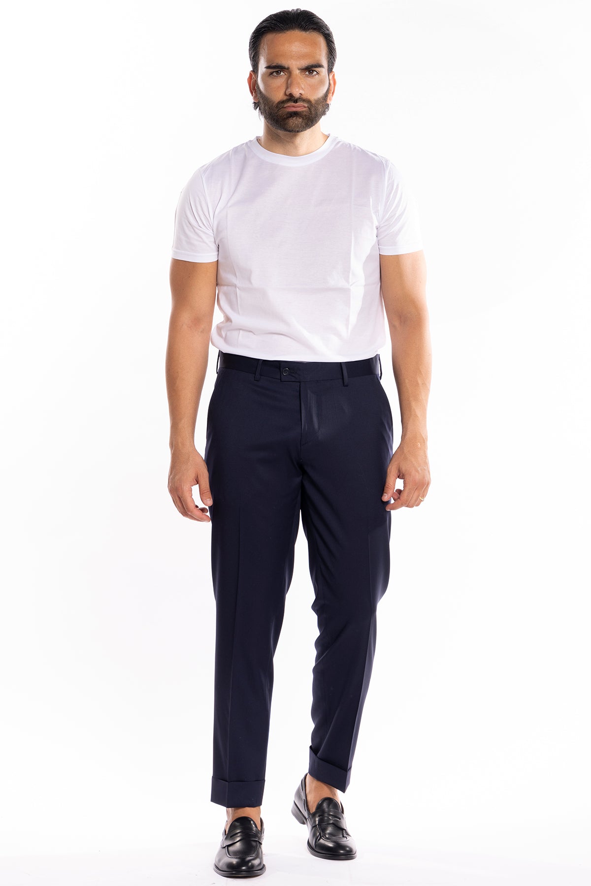 Pantalone uomo blu scuro tasca america in fresco lana super 130's Vitale Barberis Canonico con risvolto di 5cm