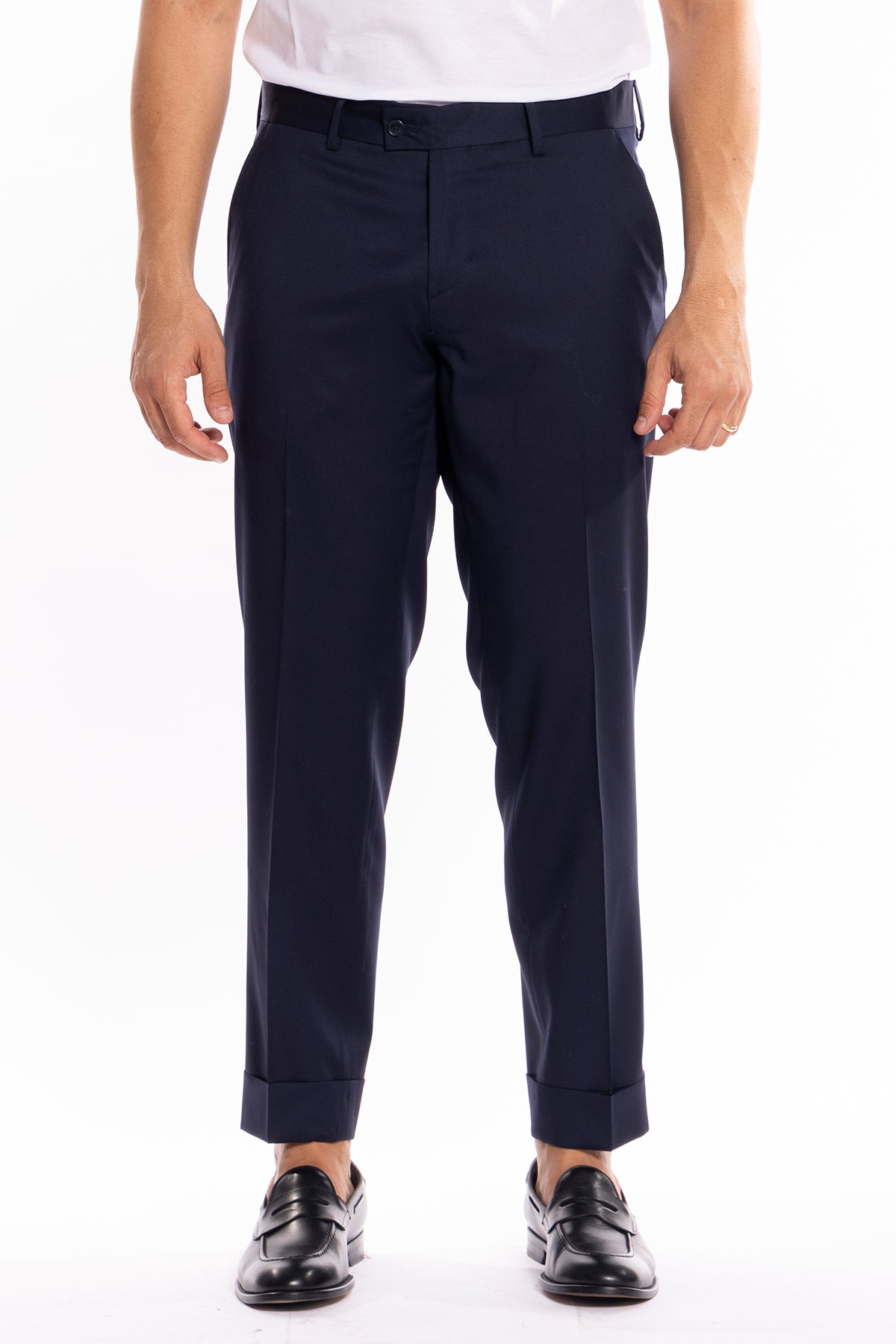 Pantalone uomo blu scuro tasca america in fresco lana super 130's Vitale Barberis Canonico con risvolto di 5cm