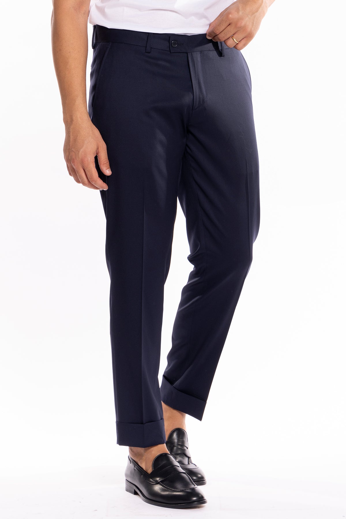 Pantalone uomo blu scuro tasca america in fresco lana super 130's Vitale Barberis Canonico con risvolto di 5cm