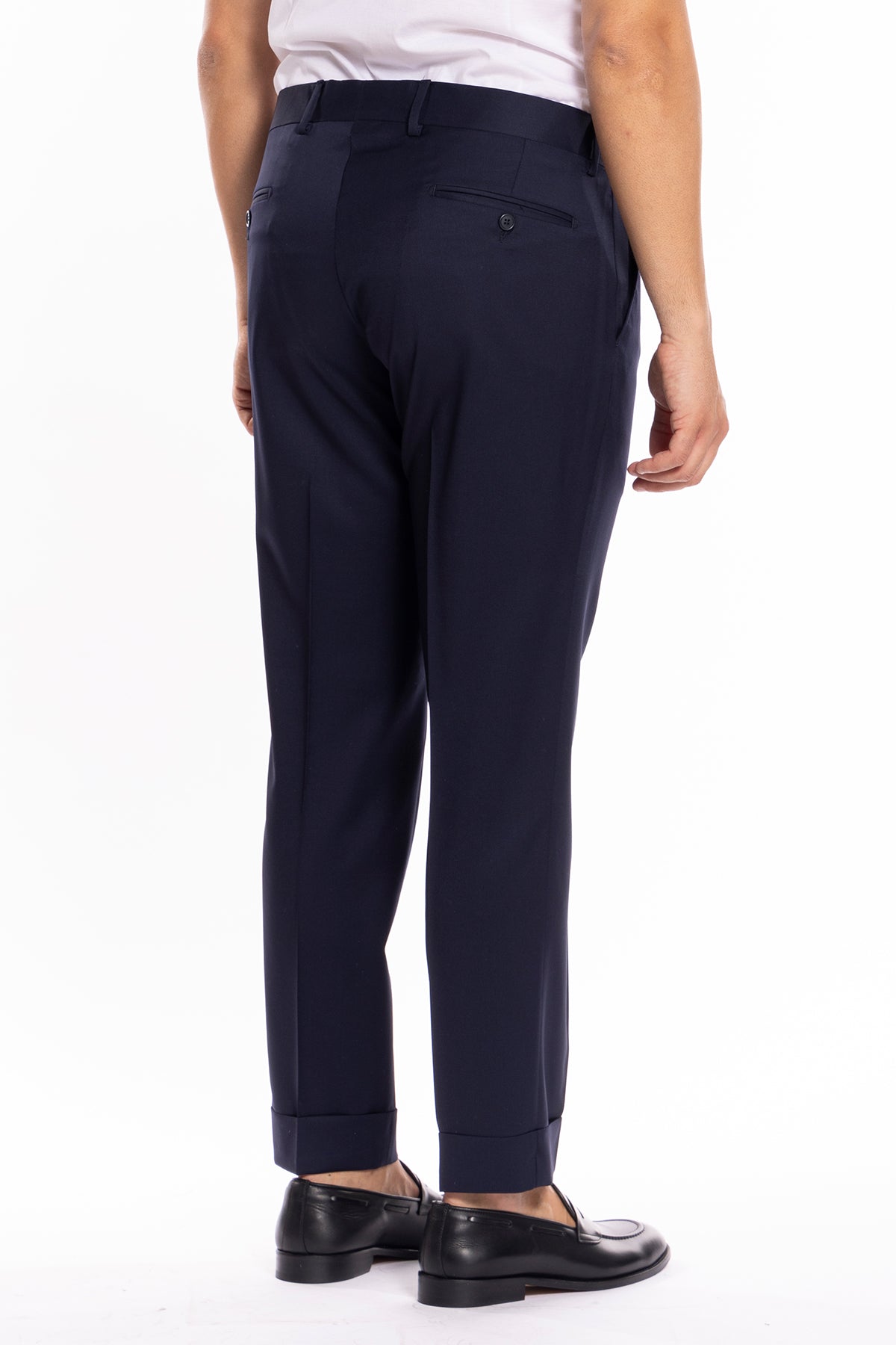 Pantalone uomo blu scuro tasca america in fresco lana super 130's Vitale Barberis Canonico con risvolto di 5cm