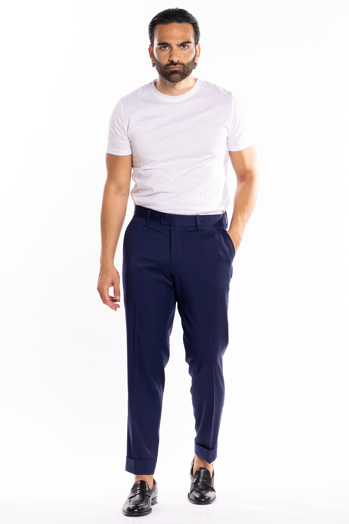 Pantalone uomo royal blu tasca america in fresco lana super 130's Vitale Barberis Canonico con risvolto di 5cm
