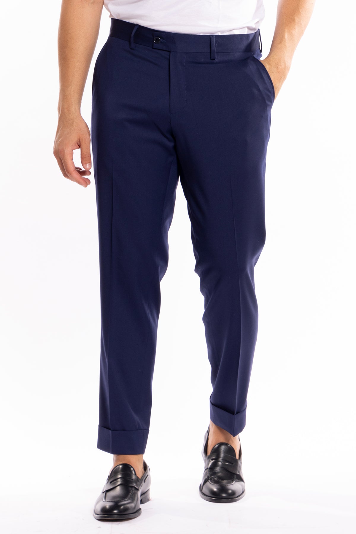 Pantalone uomo royal blu tasca america in fresco lana super 130's Vitale Barberis Canonico con risvolto di 5cm