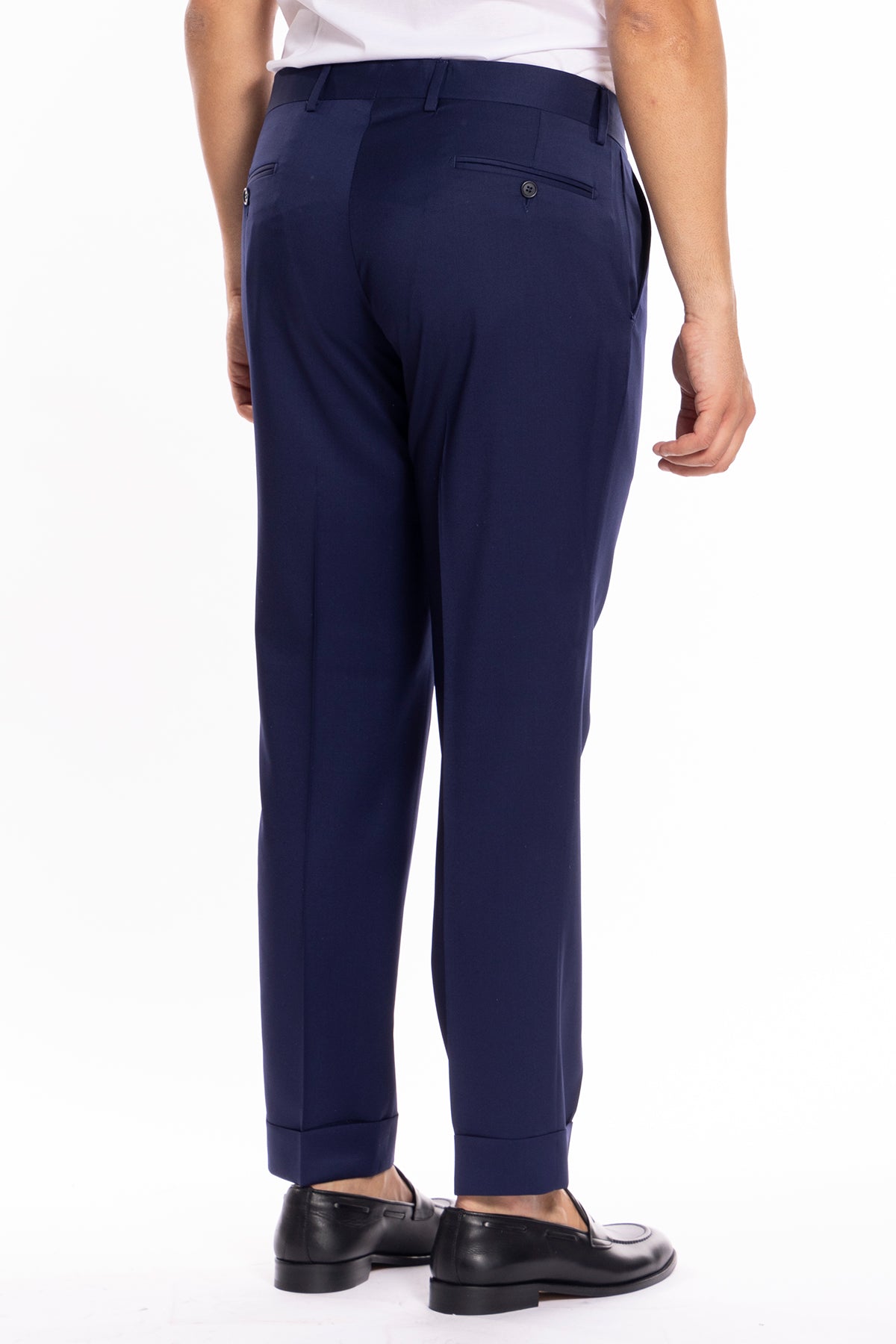 Pantalone uomo royal blu tasca america in fresco lana super 130's Vitale Barberis Canonico con risvolto di 5cm
