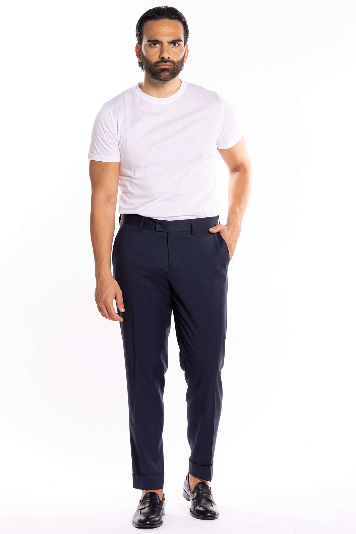 Pantalone uomo blu scuro tasca america in fresco lana super 130's Bristol Tessuti Napoli con risvolto di 5cm