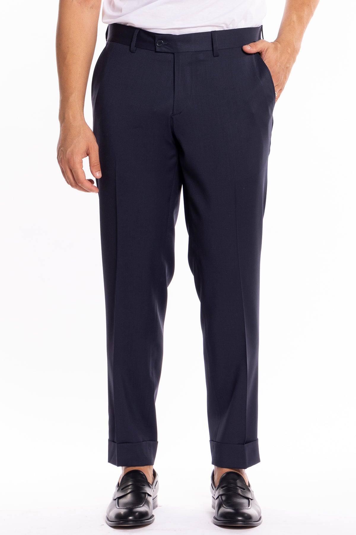 Pantalone uomo blu scuro tasca america in fresco lana super 130's Bristol Tessuti Napoli con risvolto di 5cm
