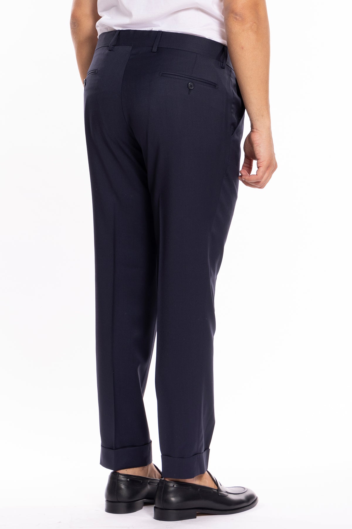 Pantalone uomo blu scuro tasca america in fresco lana super 130's Bristol Tessuti Napoli con risvolto di 5cm