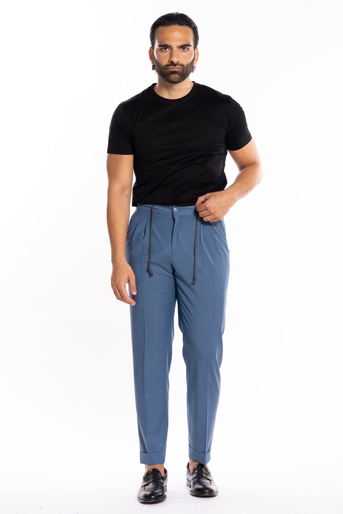Pantalaccio da uomo Azzurro doppia pinces in misto fresco lana tasca america risvolto 5cm con laccio regolabile