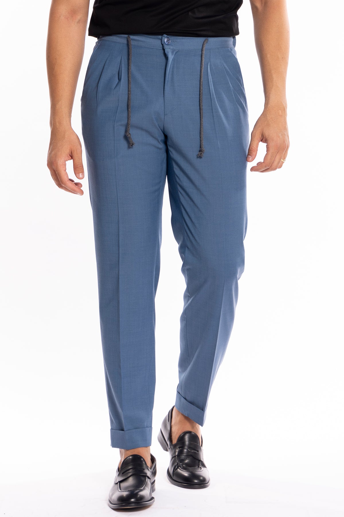 Pantalaccio da uomo Azzurro doppia pinces in misto fresco lana tasca america risvolto 5cm con laccio regolabile