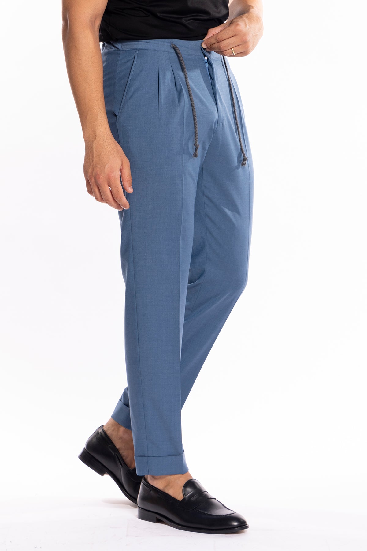 Pantalaccio da uomo Azzurro doppia pinces in misto fresco lana tasca america risvolto 5cm con laccio regolabile