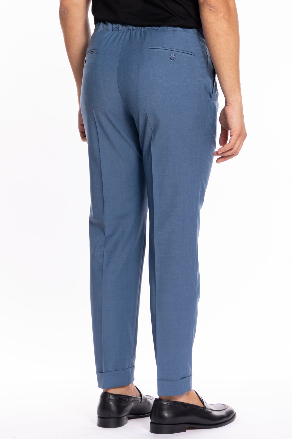 Pantalaccio da uomo Azzurro doppia pinces in misto fresco lana tasca america risvolto 5cm con laccio regolabile