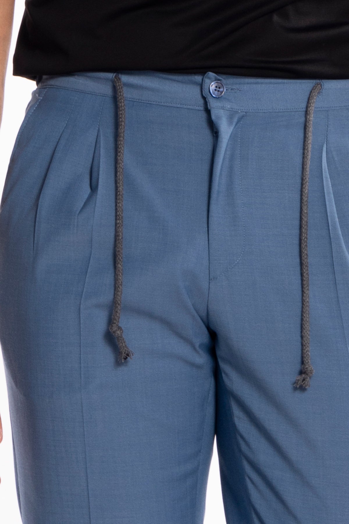 Pantalaccio da uomo Azzurro doppia pinces in misto fresco lana tasca america risvolto 5cm con laccio regolabile