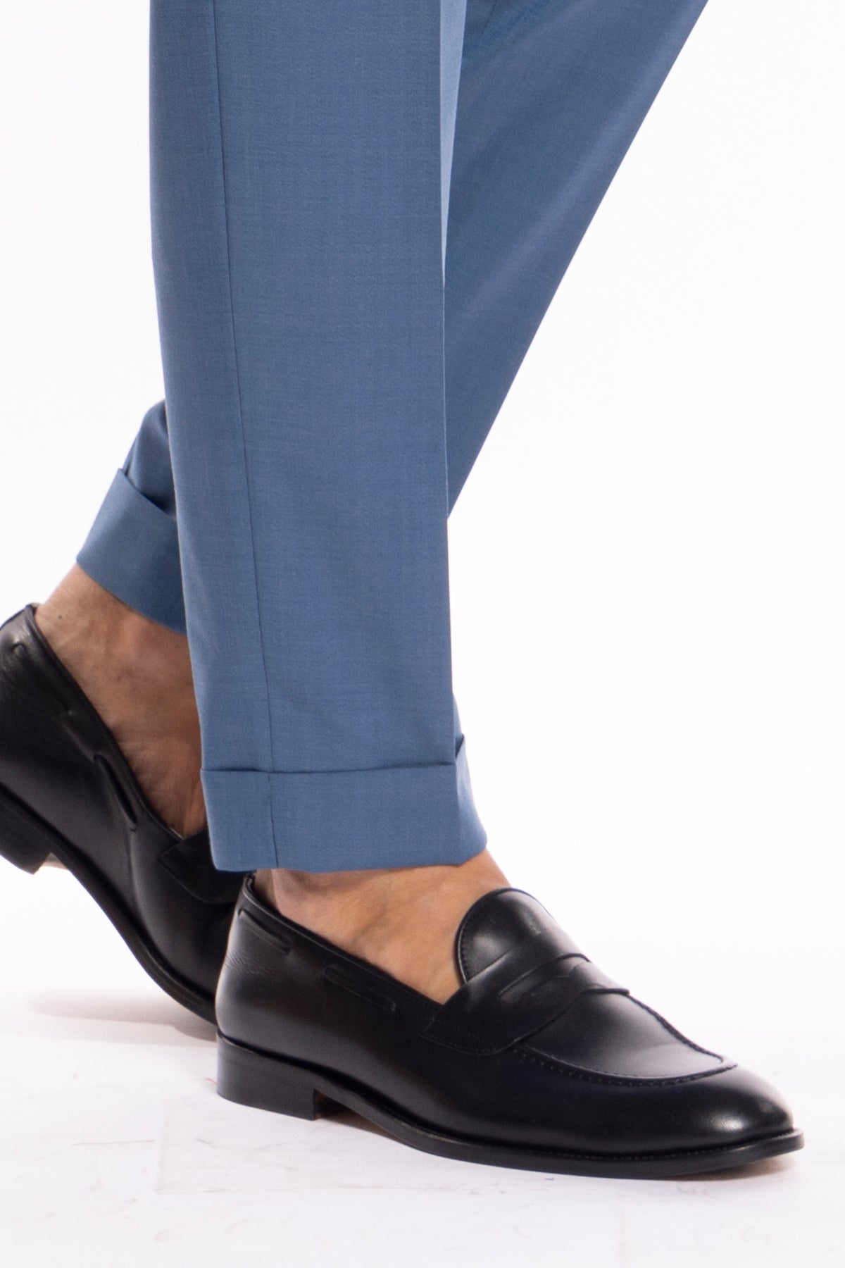 Pantalaccio da uomo Azzurro doppia pinces in misto fresco lana tasca america risvolto 5cm con laccio regolabile