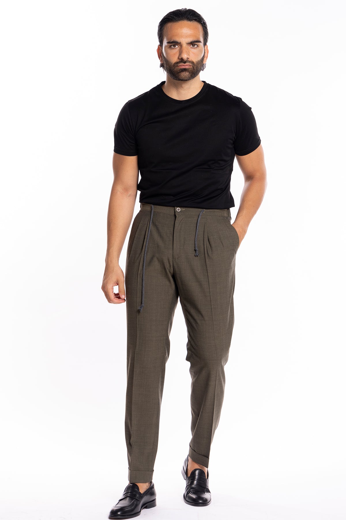 Pantalaccio da uomo verde militare doppia pinces in misto fresco lana tasca america risvolto 5cm con laccio regolabile