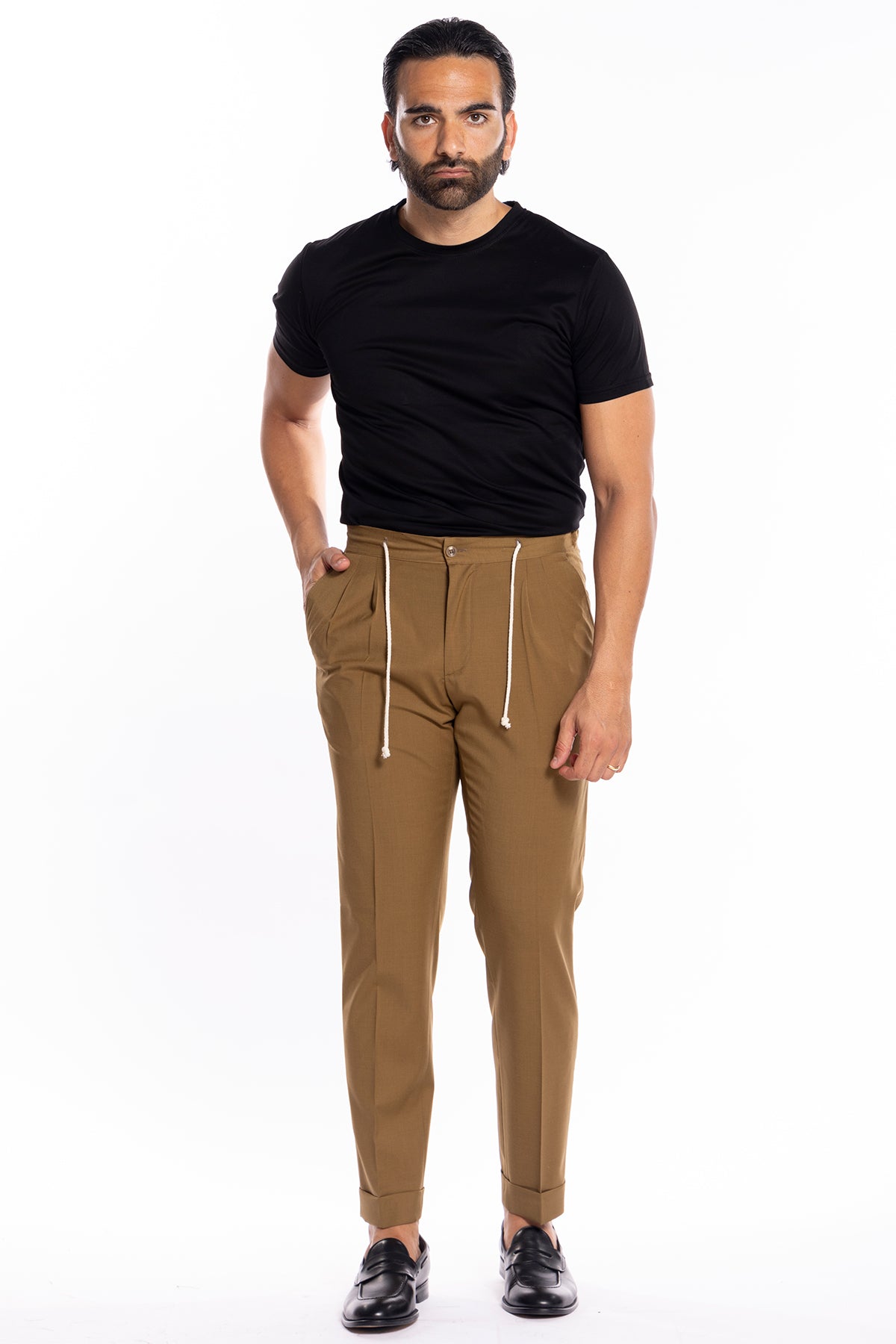 Pantalaccio da uomo cammello doppia pinces in misto fresco lana tasca america risvolto 5cm con laccio regolabile