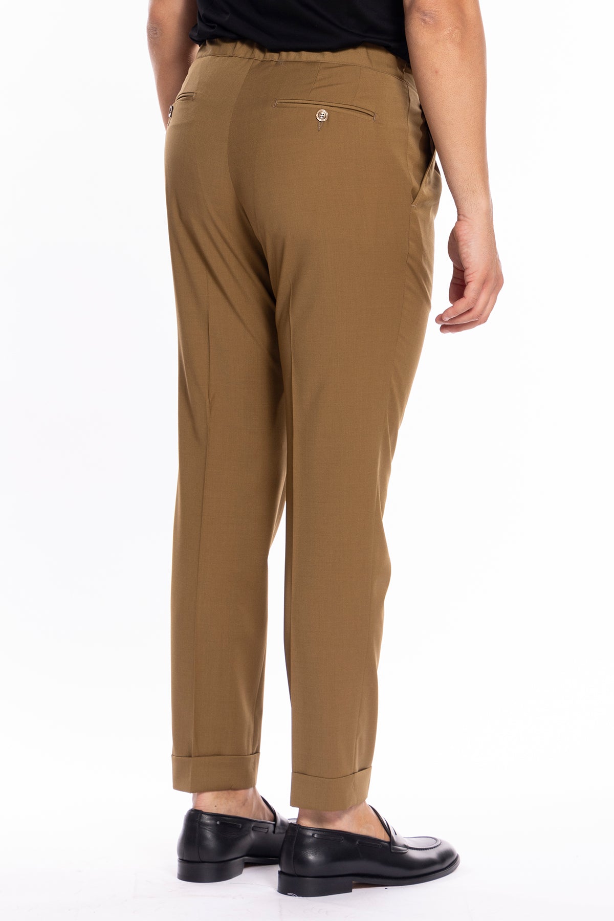 Pantalaccio da uomo cammello doppia pinces in misto fresco lana tasca america risvolto 5cm con laccio regolabile