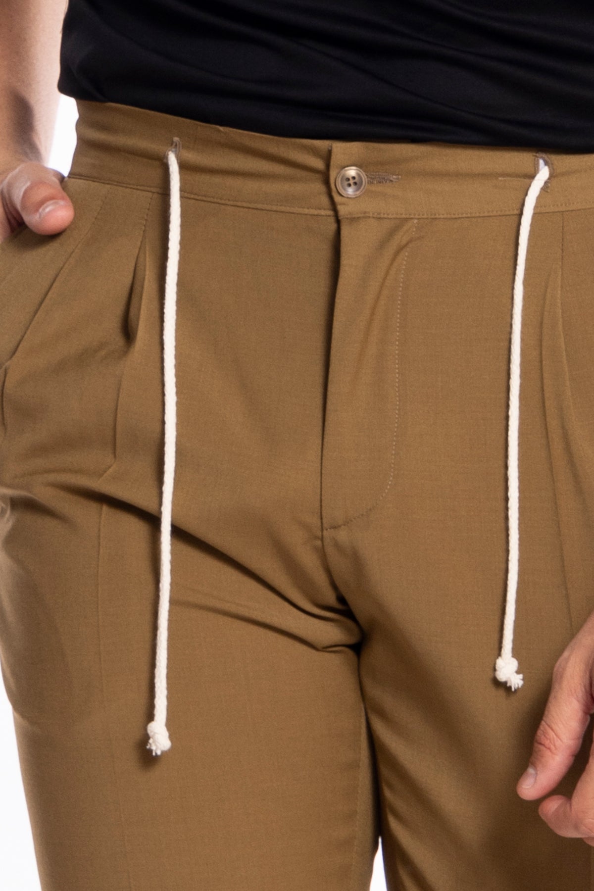 Pantalaccio da uomo cammello doppia pinces in misto fresco lana tasca america risvolto 5cm con laccio regolabile