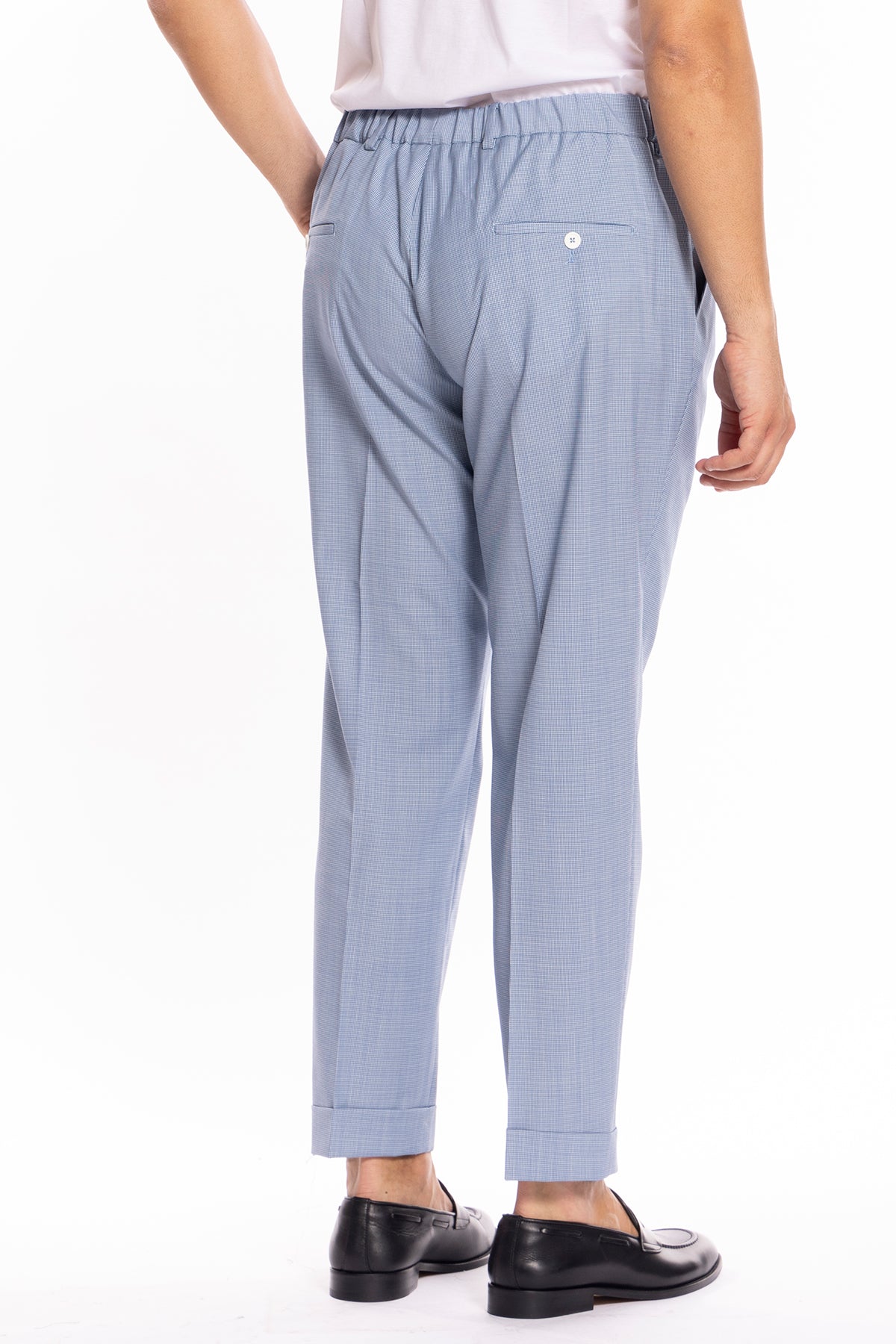 Pantalaccio da uomo celeste fantasia pied de poule doppia pinces in misto fresco lana tasca america risvolto 5cm con laccio regolabile