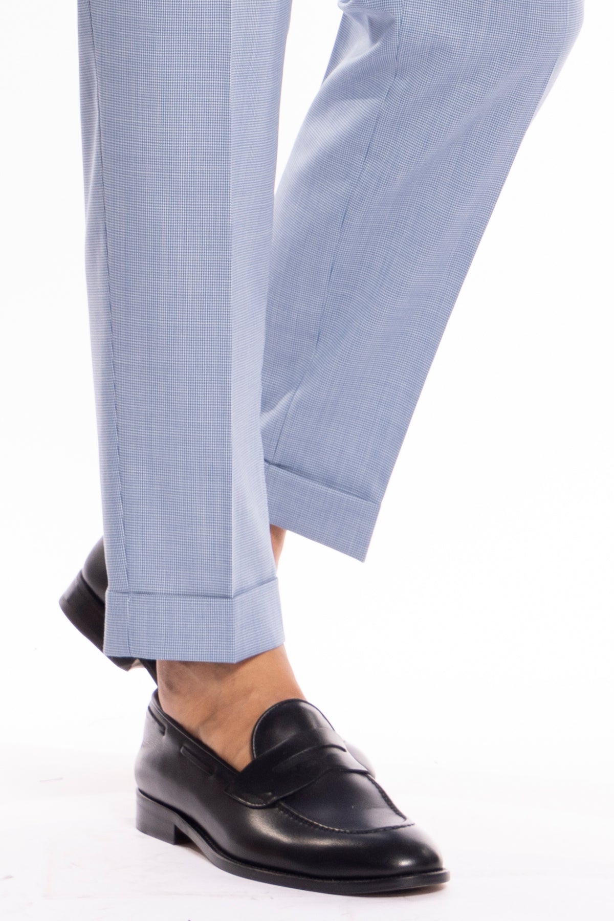 Pantalaccio da uomo celeste fantasia pied de poule doppia pinces in misto fresco lana tasca america risvolto 5cm con laccio regolabile