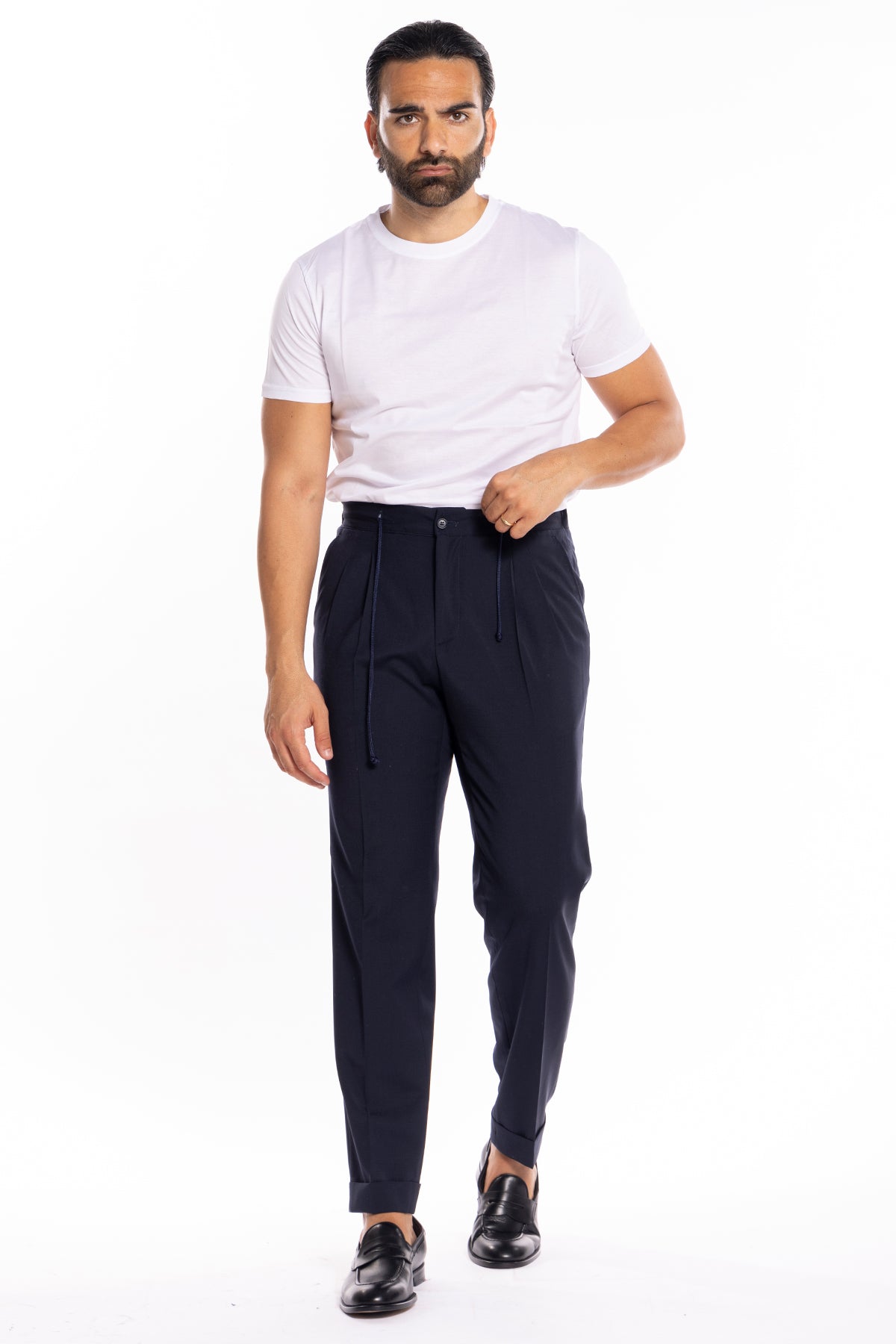 Pantalaccio da uomo blu scuro doppia pinces in misto fresco lana tasca america risvolto 5cm con laccio regolabile