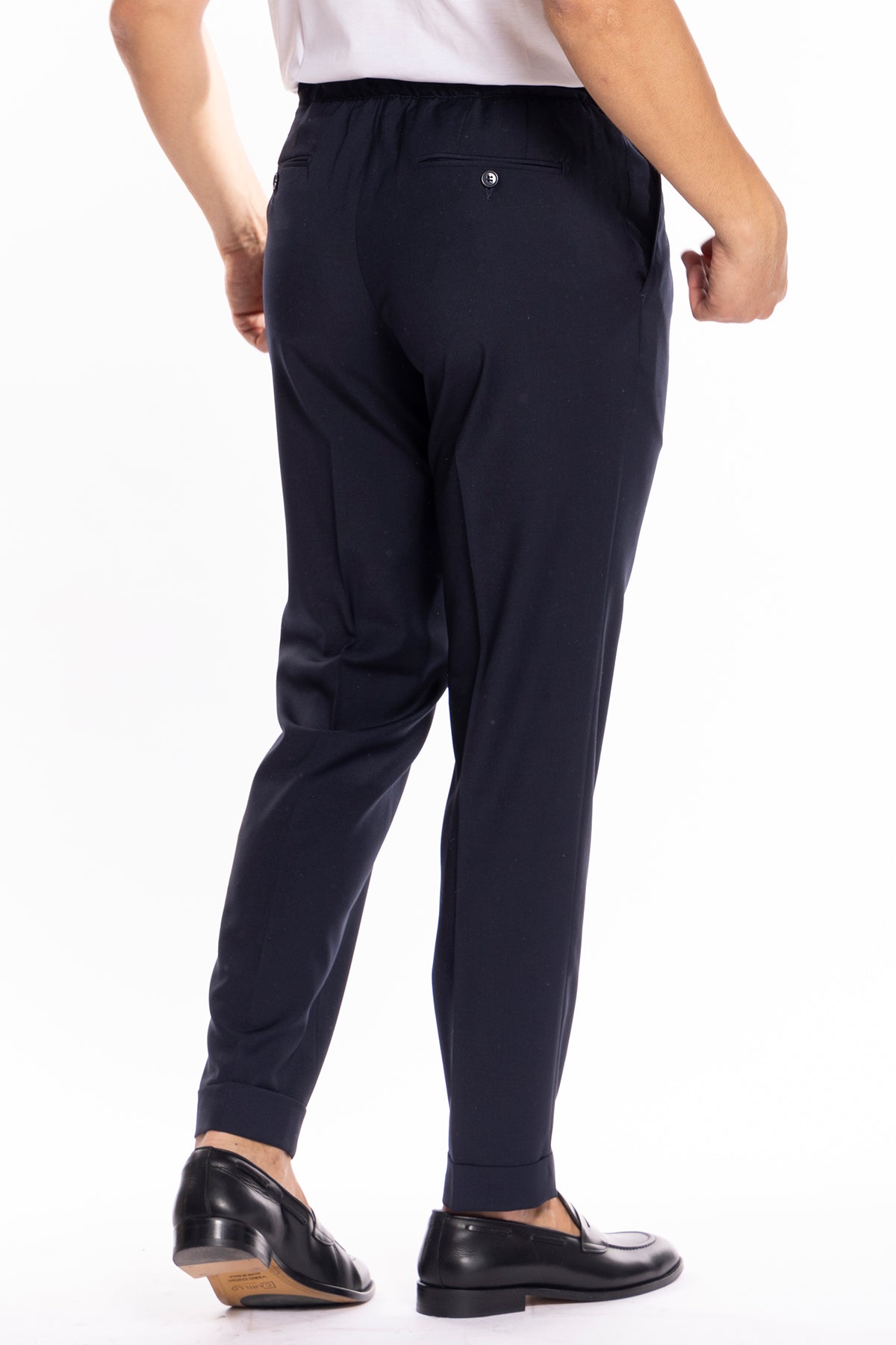 Pantalaccio da uomo blu scuro doppia pinces in misto fresco lana tasca america risvolto 5cm con laccio regolabile