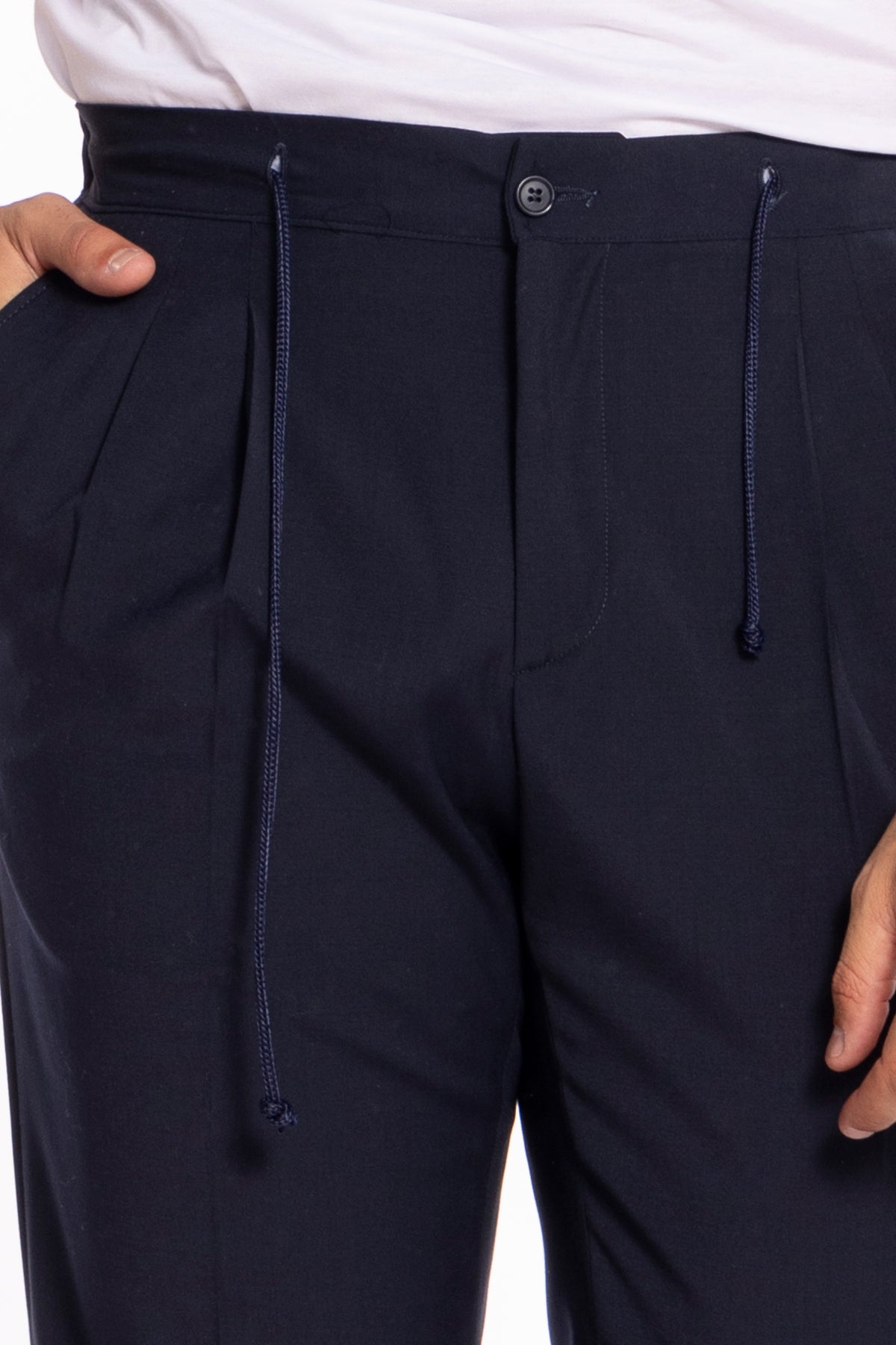 Pantalaccio da uomo blu scuro doppia pinces in misto fresco lana tasca america risvolto 5cm con laccio regolabile