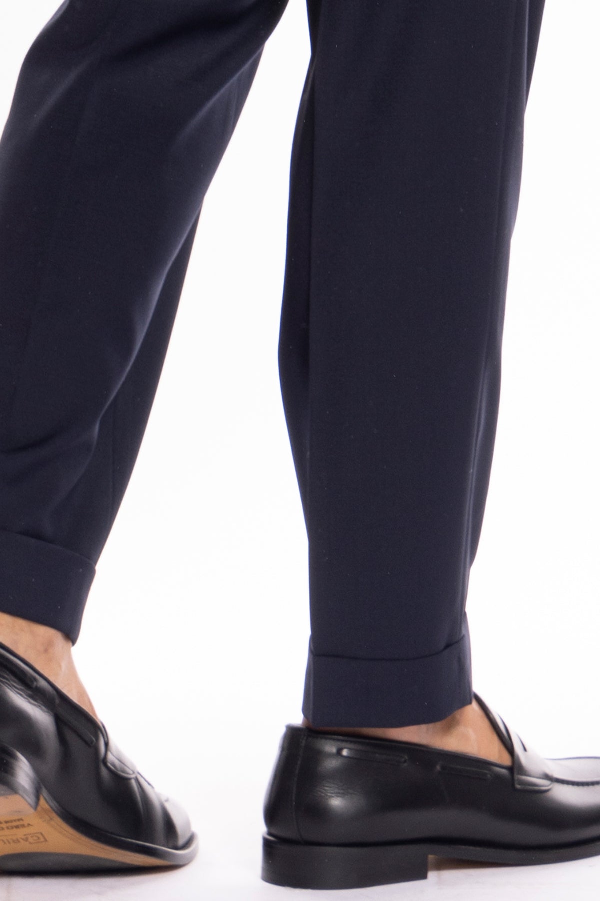 Pantalaccio da uomo blu scuro doppia pinces in misto fresco lana tasca america risvolto 5cm con laccio regolabile
