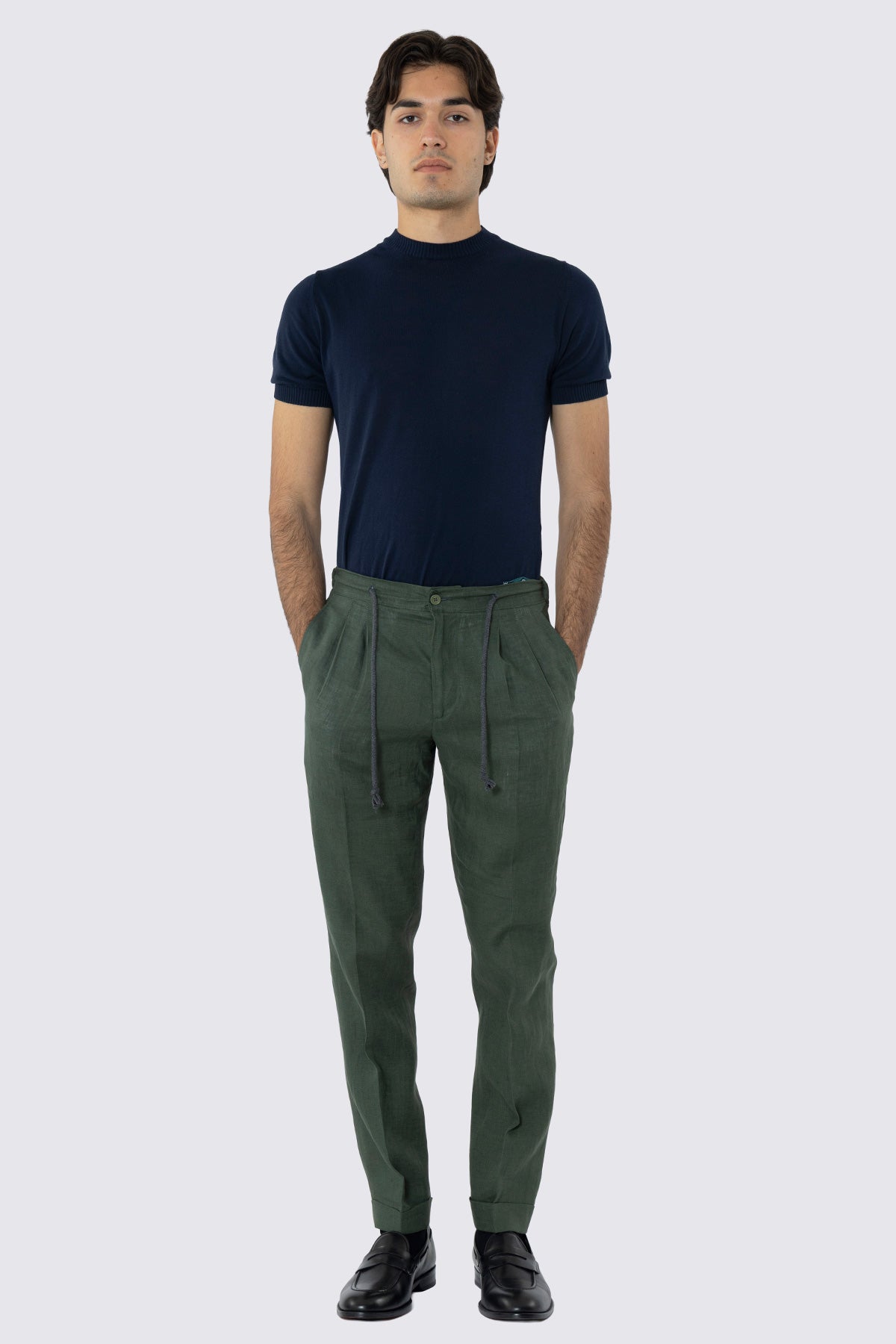 Pantalaccio da uomo verde militare in lino 100% doppia pinces in misto fresco lana tasca america risvolto 5cm con laccio regolabile