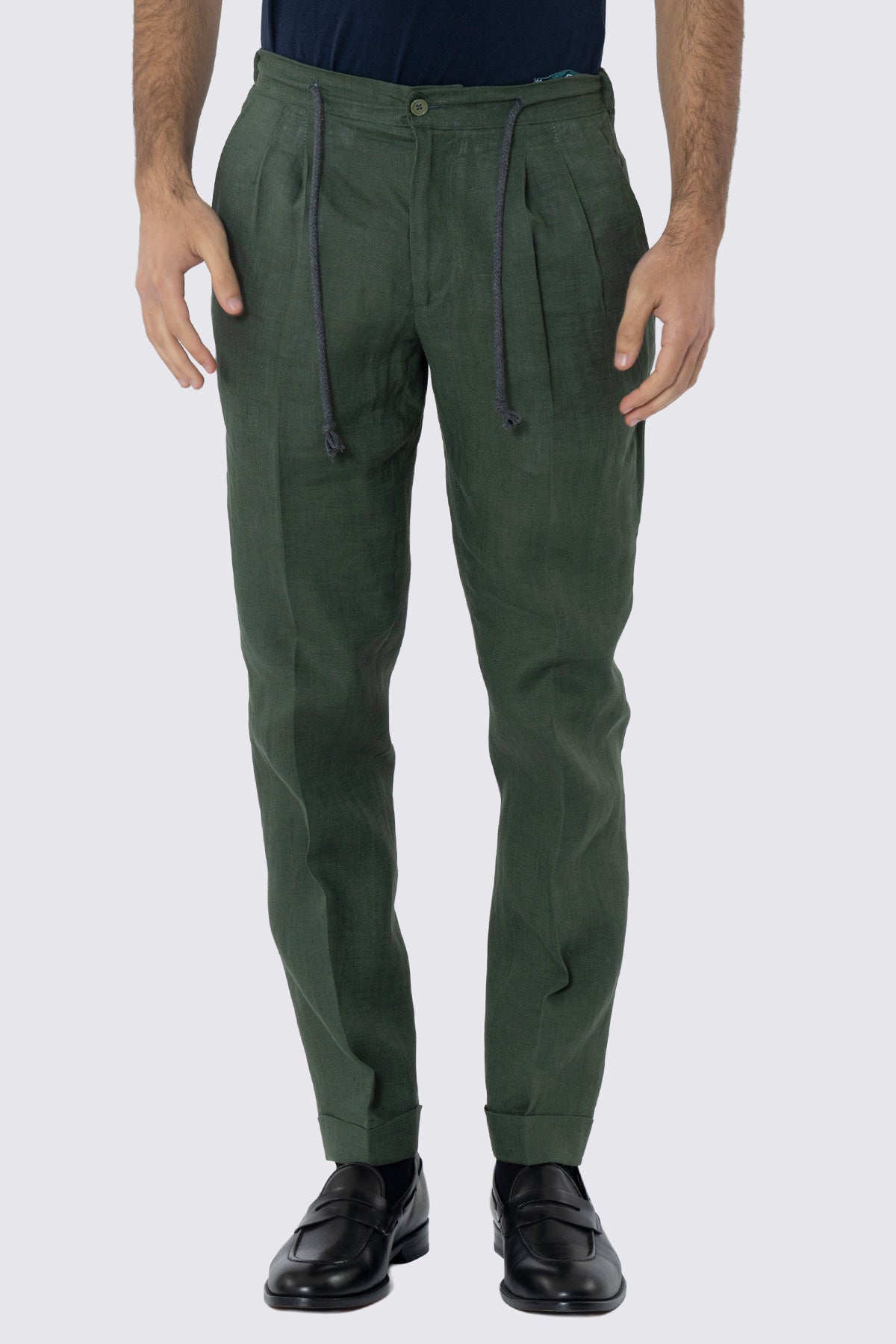 Pantalaccio da uomo verde militare in lino 100% doppia pinces in misto fresco lana tasca america risvolto 5cm con laccio regolabile