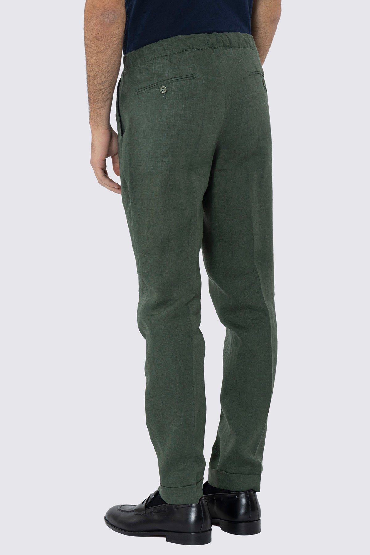 Pantalaccio da uomo verde militare in lino 100% doppia pinces in misto fresco lana tasca america risvolto 5cm con laccio regolabile