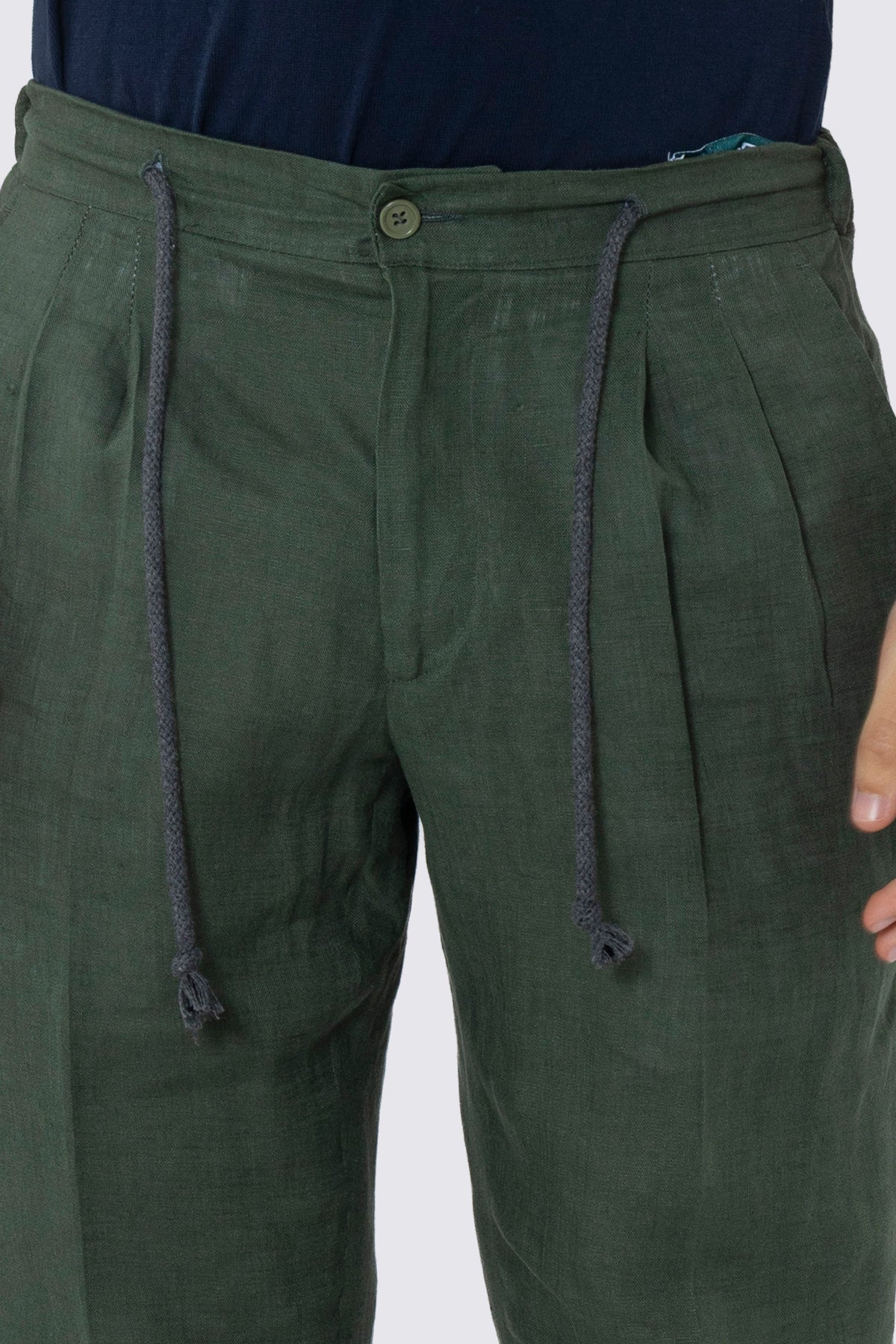 Pantalaccio da uomo verde militare in lino 100% doppia pinces in misto fresco lana tasca america risvolto 5cm con laccio regolabile