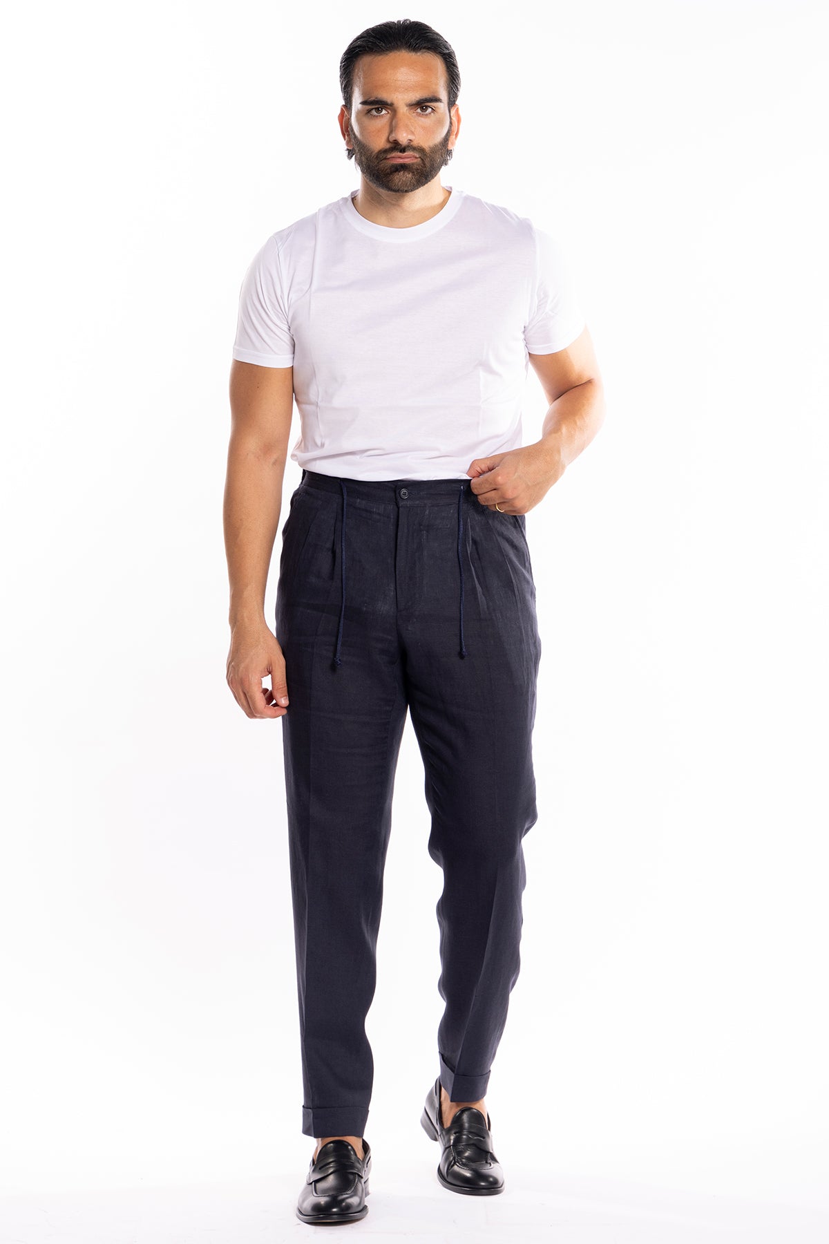 Pantalaccio da uomo Blu notte in lino 100% doppia pinces in misto fresco lana tasca america risvolto 5cm con laccio regolabile