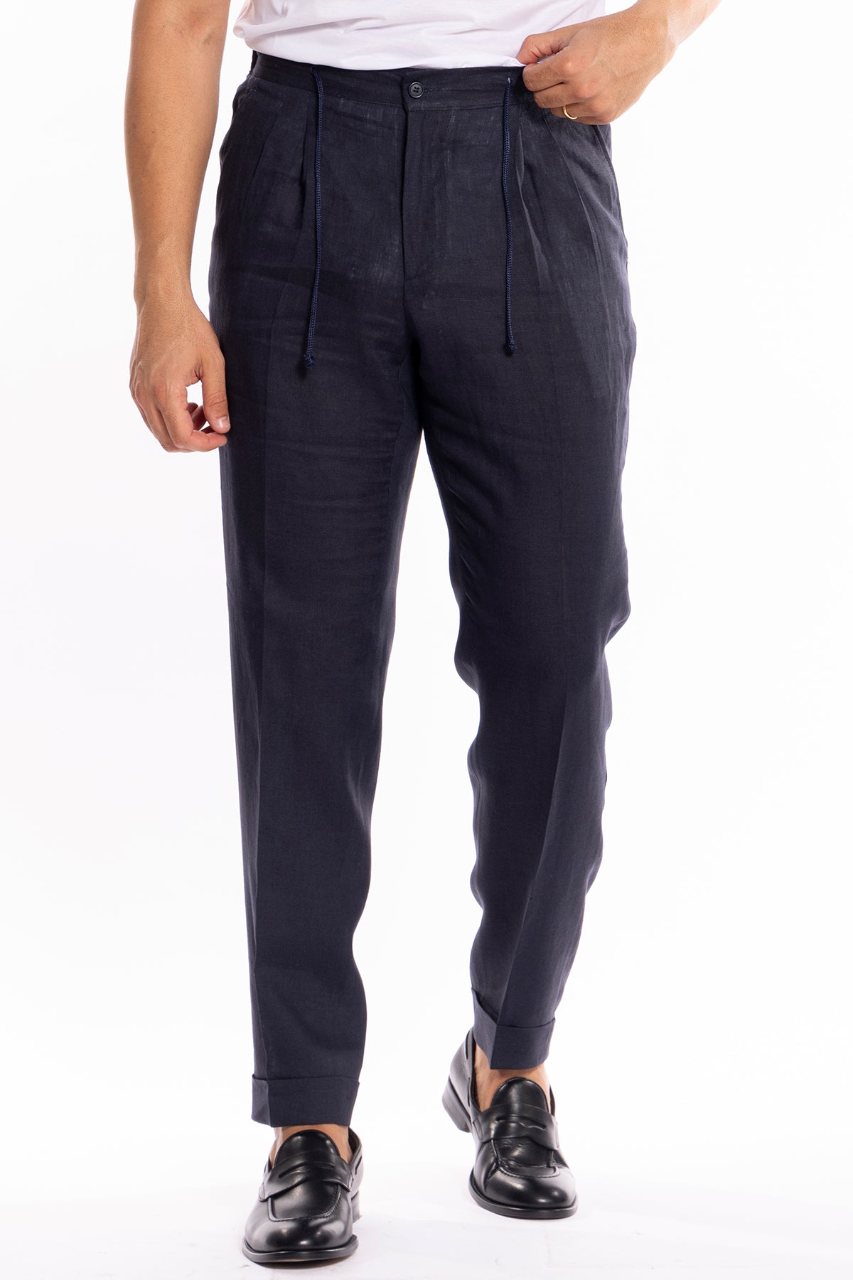 Pantalaccio da uomo Blu notte in lino 100% doppia pinces in misto fresco lana tasca america risvolto 5cm con laccio regolabile