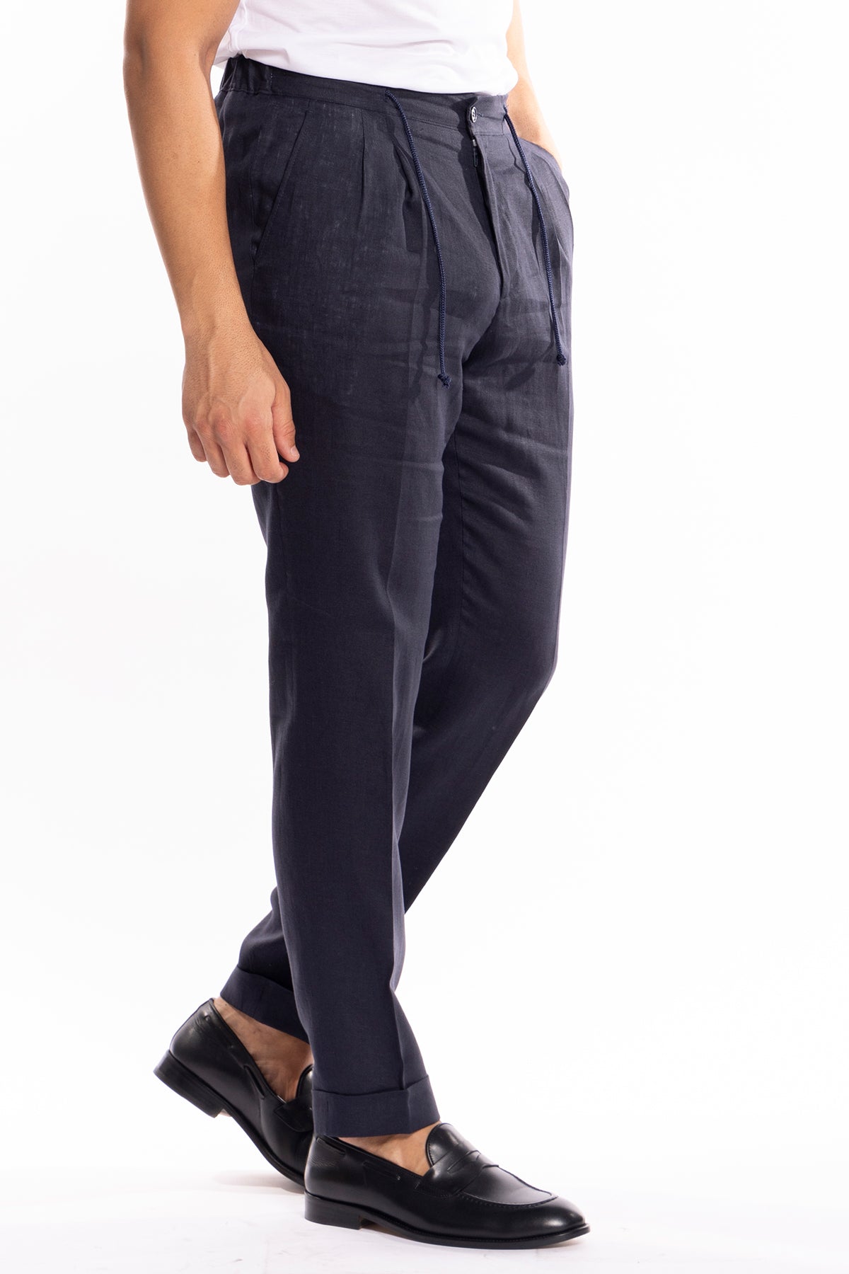 Pantalaccio da uomo Blu notte in lino 100% doppia pinces in misto fresco lana tasca america risvolto 5cm con laccio regolabile
