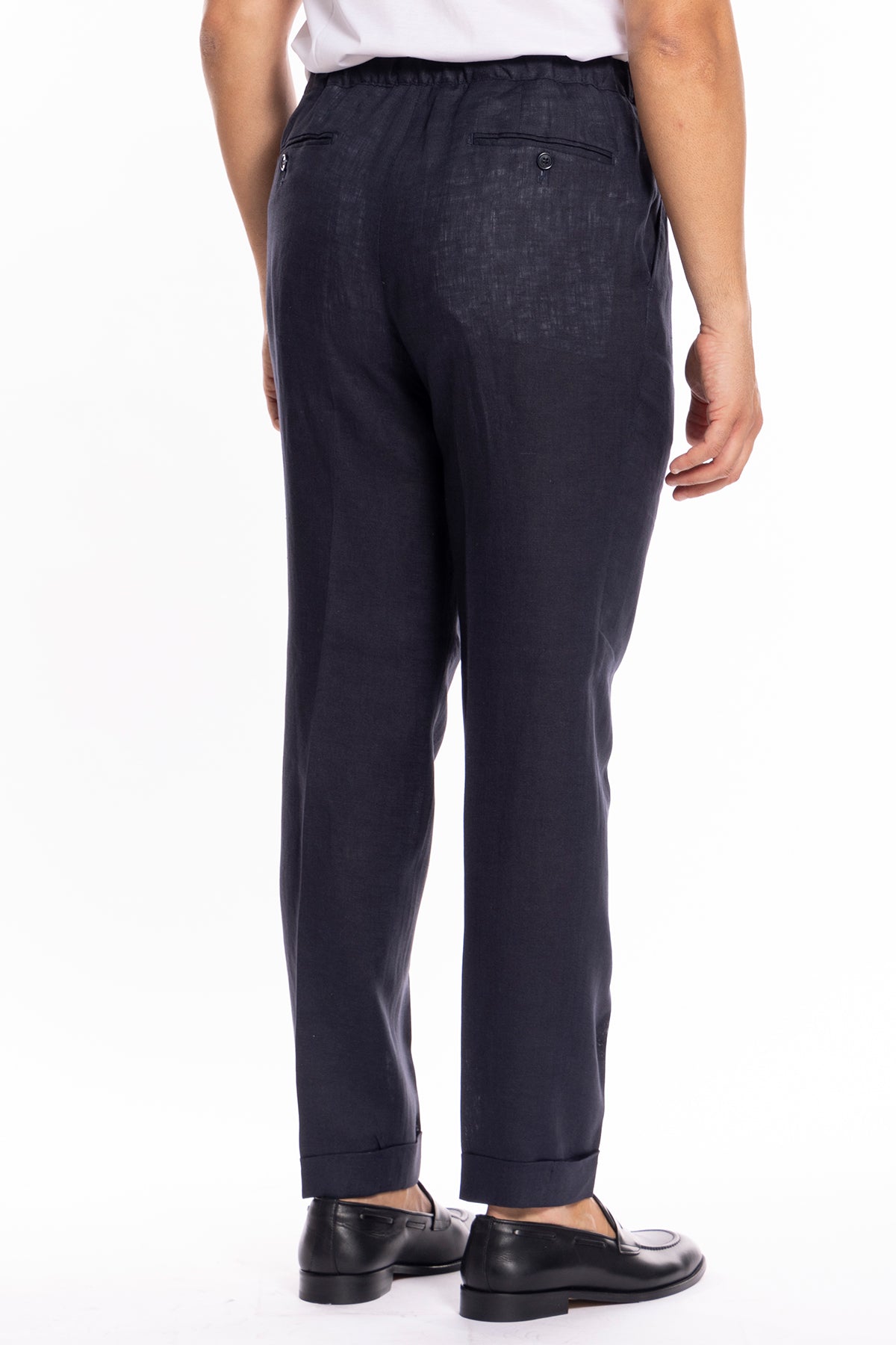 Pantalaccio da uomo Blu notte in lino 100% doppia pinces in misto fresco lana tasca america risvolto 5cm con laccio regolabile